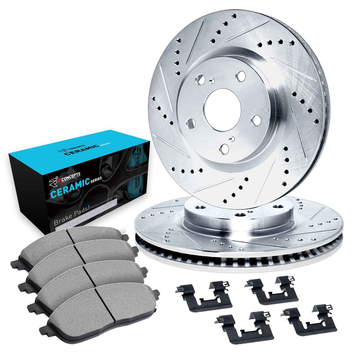 E-Line Drilled & Slotted Silver Brake Rotor Set w/Ceramic Pads & Hardware, 1994-1995 Ford/Lincoln/Mercury/Mazda, Position: Front