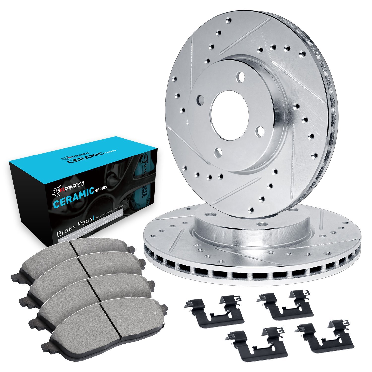 E-Line Drilled & Slotted Silver Brake Rotor Set w/Ceramic Pads & Hardware, 1986-1986 Infiniti/Nissan, Position: Front