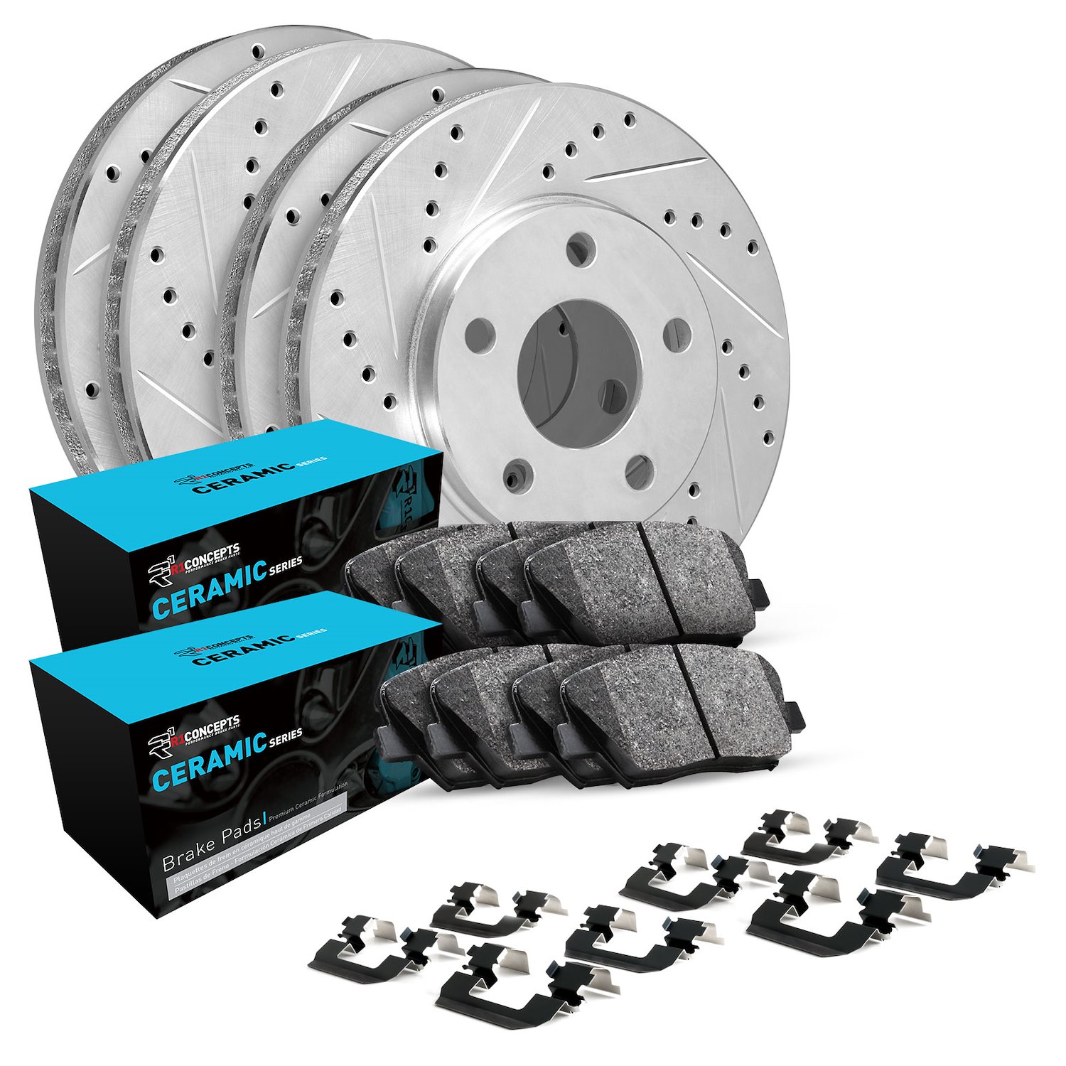 E-Line Drilled & Slotted Silver Brake Rotor w/Ceramic Pads & Hardware, 2001-2005 Kia/Hyundai/Genesis, Position: Front & Rear