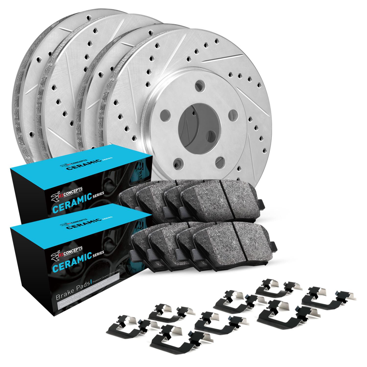 E-Line Drilled & Slotted Silver Brake Rotor w/Ceramic Pads & Hardware, 2012-2016 Kia/Hyundai/Genesis, Position: Front & Rear