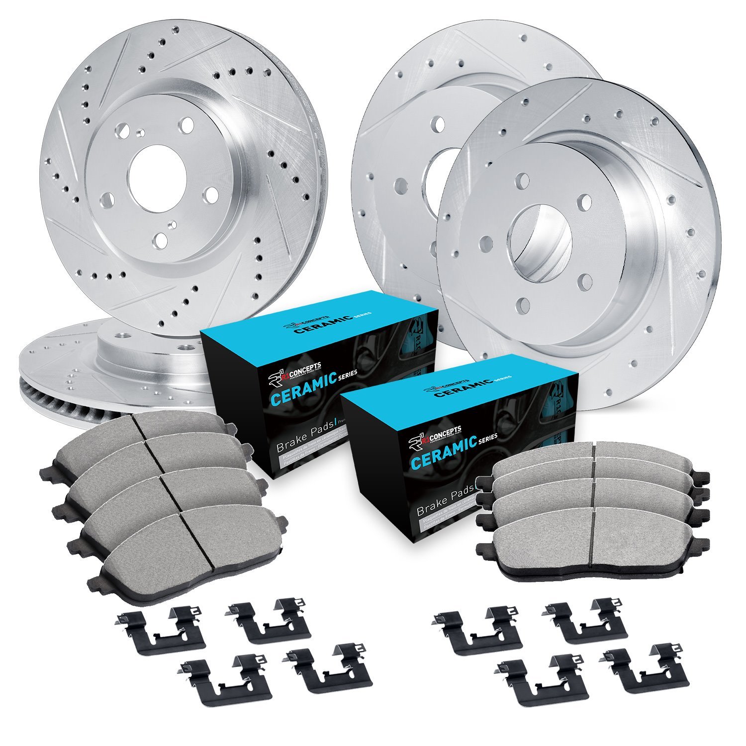 E-Line Drilled & Slotted Silver Brake Rotor Set w/Ceramic Pads & Hardware, 2018-2020 Kia/Hyundai/Genesis, Position: Front & Rear