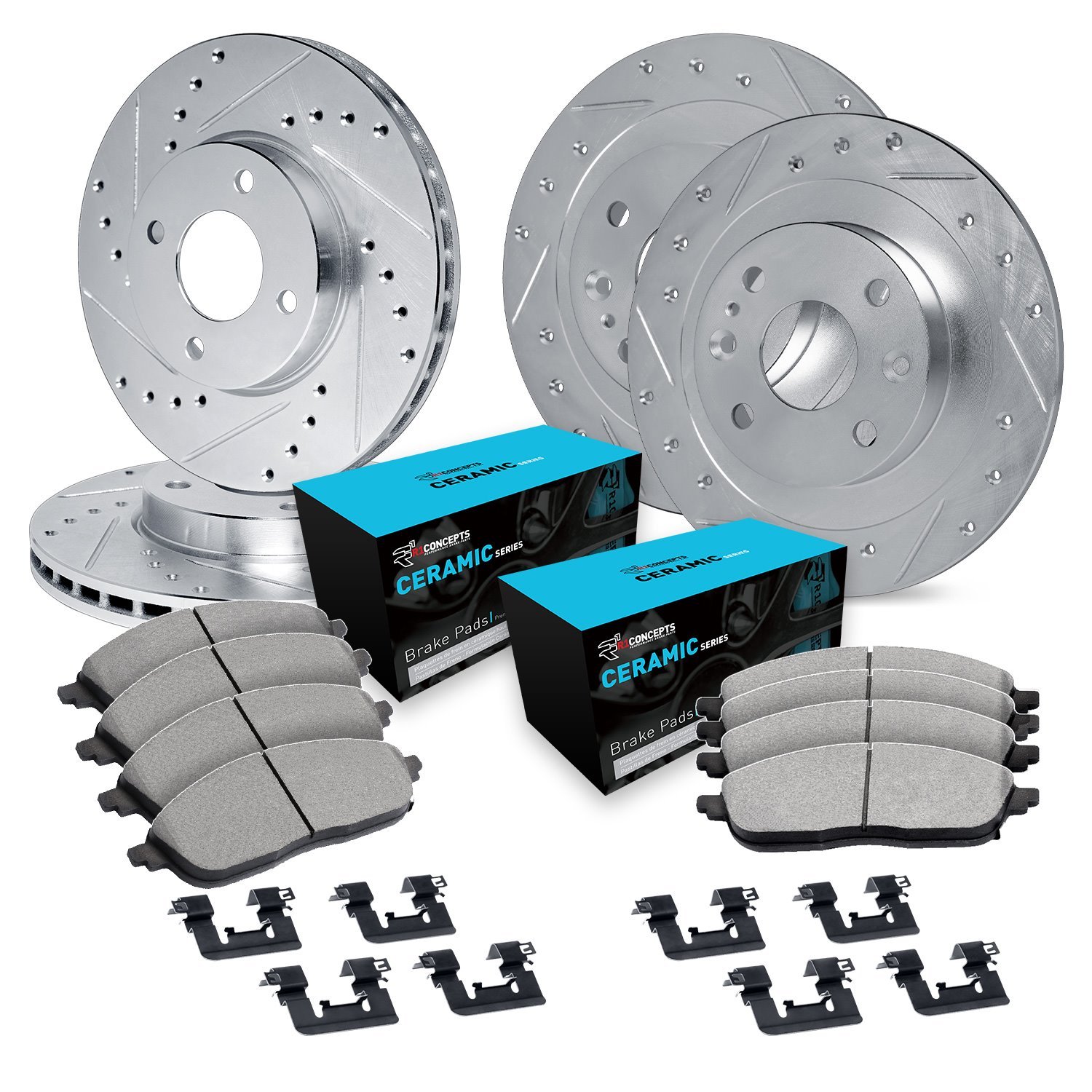 E-Line Drilled & Slotted Silver Brake Rotor Set w/Ceramic Pads & Hardware, 1984-1985 Infiniti/Nissan, Position: Front & Rear