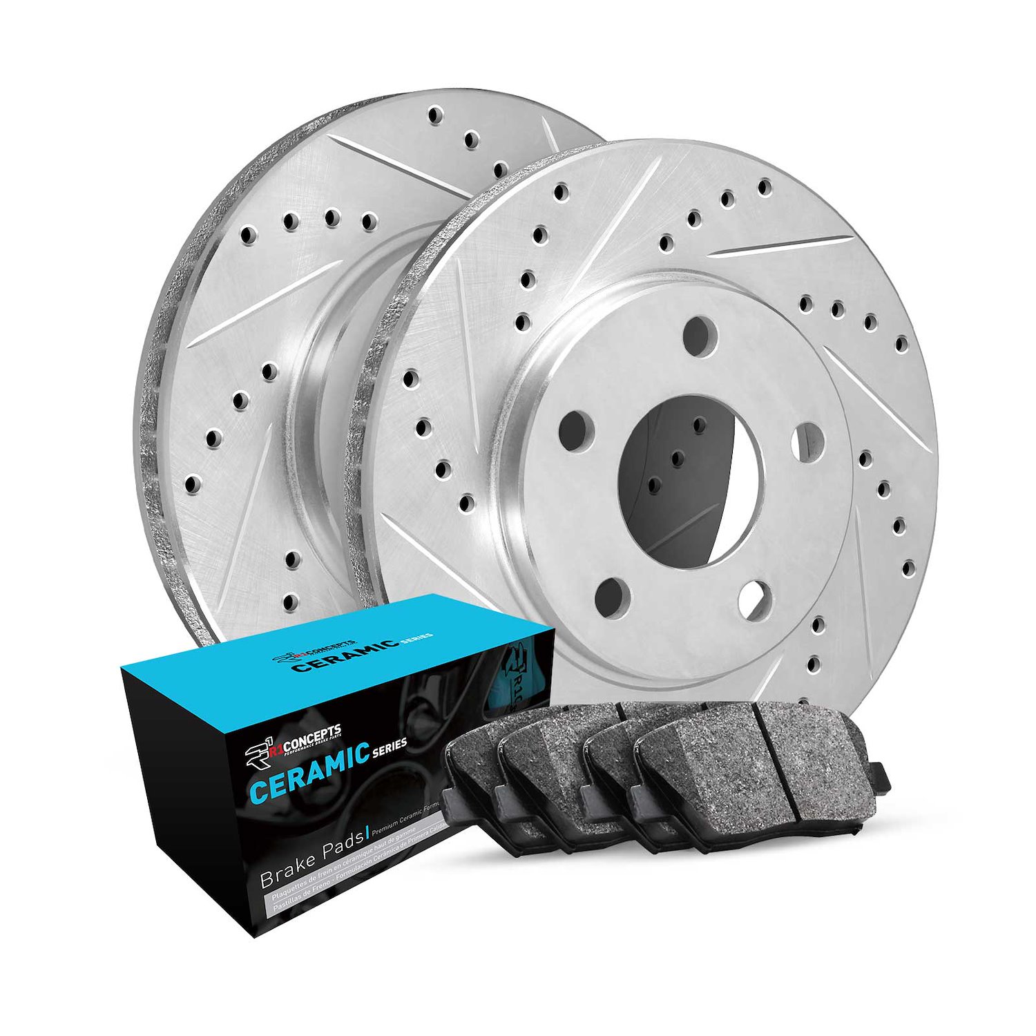 E-Line Drilled & Slotted Silver Brake Rotor w/Ceramic Pads, 1987-1989 Audi/Porsche/Volkswagen, Position: Rear