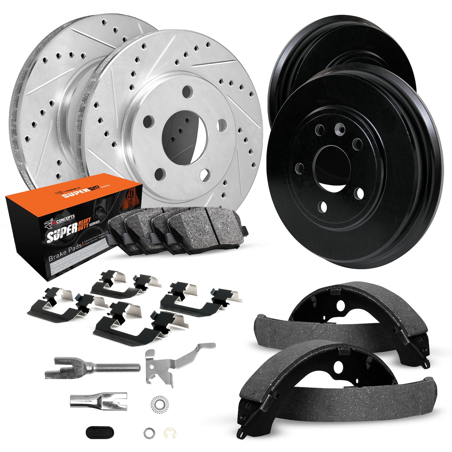 E-Line Drilled/Slotted Silver Rotor & Drum Set w/Super-Duty Pads, Shoes/Hardware/Adjusters, 1990-1993 Mopar