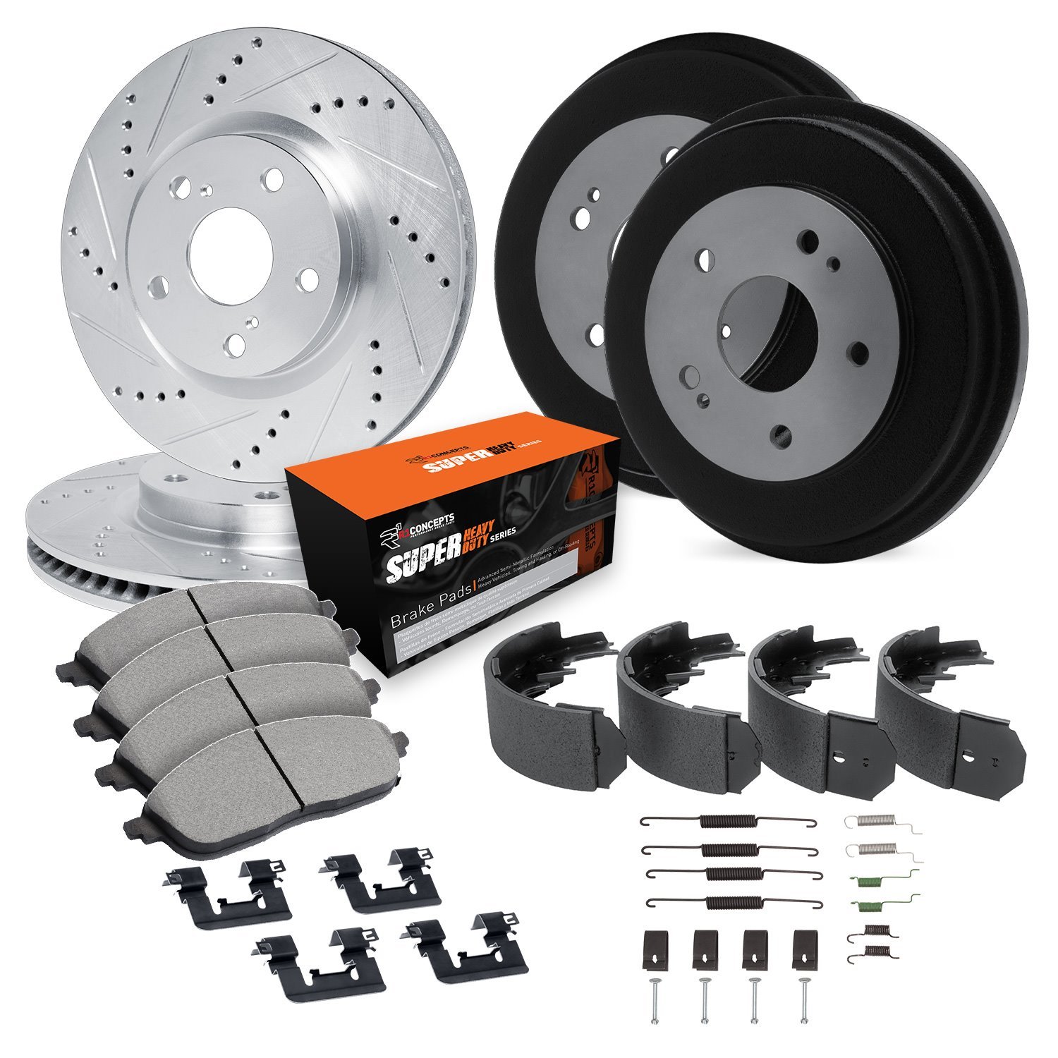 E-Line Drilled/Slotted Silver Rotor & Drum Set w/Super-Duty Pads, Shoes/Hardware/Adjusters, 1993-1996 GM