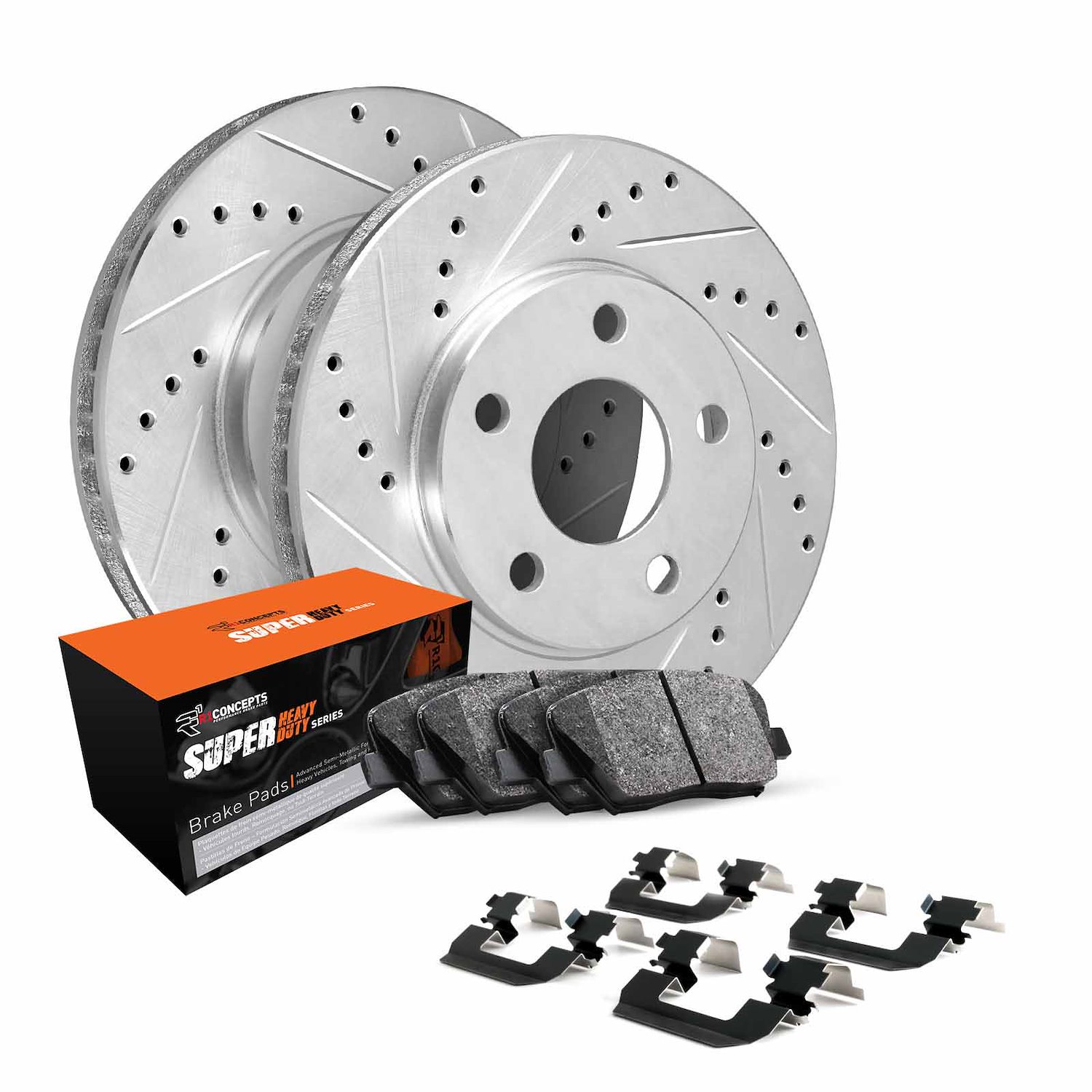 E-Line Drilled & Slotted Silver Brake Rotor Set w/Super-Duty Pads & Hardware, 1967-1970 GM, Position: Front