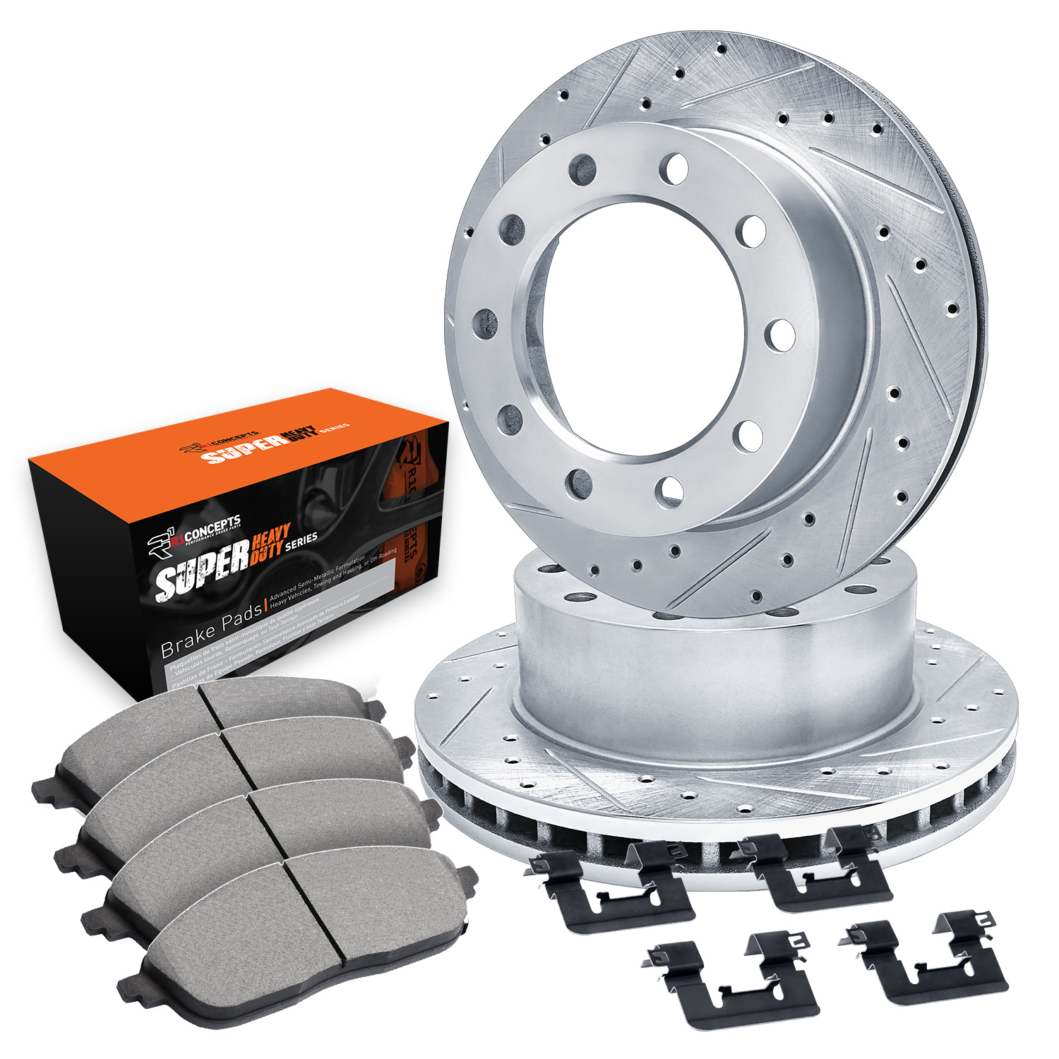 E-Line Drilled & Slotted Silver Brake Rotor Set w/Super-Duty Pads & Hardware, 1994-2000 GM, Position: Rear