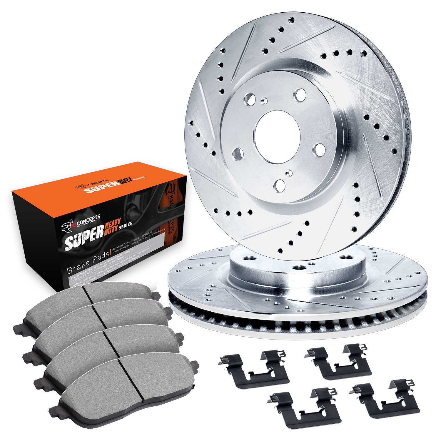 E-Line Drilled & Slotted Silver Brake Rotor Set w/Super-Duty Pads & Hardware, 1994-1995 Ford/Lincoln/Mercury/Mazda