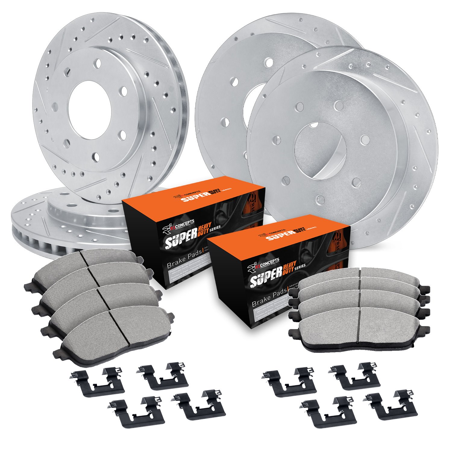 E-Line Drilled & Slotted Silver Brake Rotor Set w/Super-Duty Pads & Hardware, 1997-2002 Ford/Lincoln/Mercury/Mazda