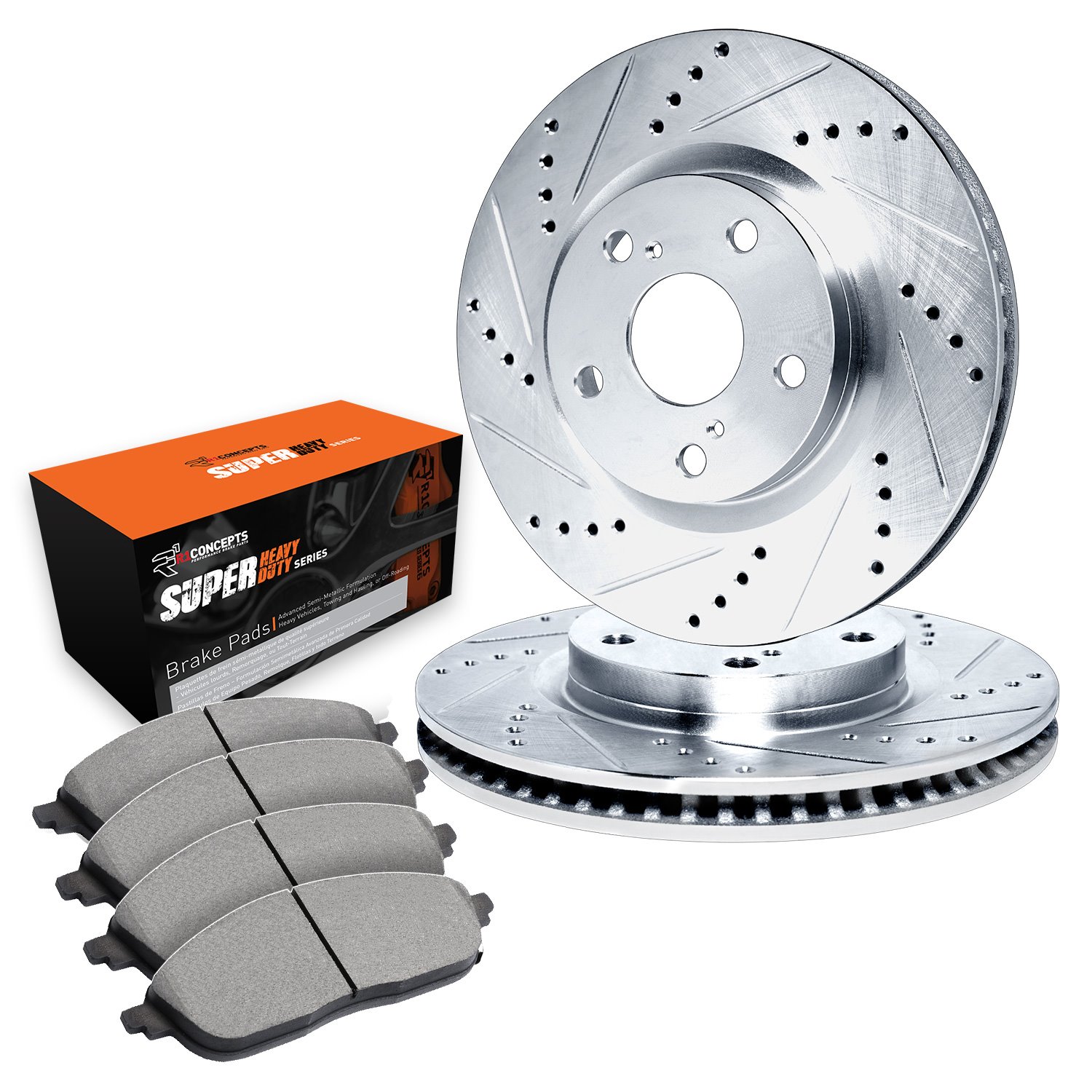 E-Line Drilled & Slotted Silver Brake Rotor Set w/Super-Duty Pads, 1990-1991 Ford/Lincoln/Mercury/Mazda, Position: Front
