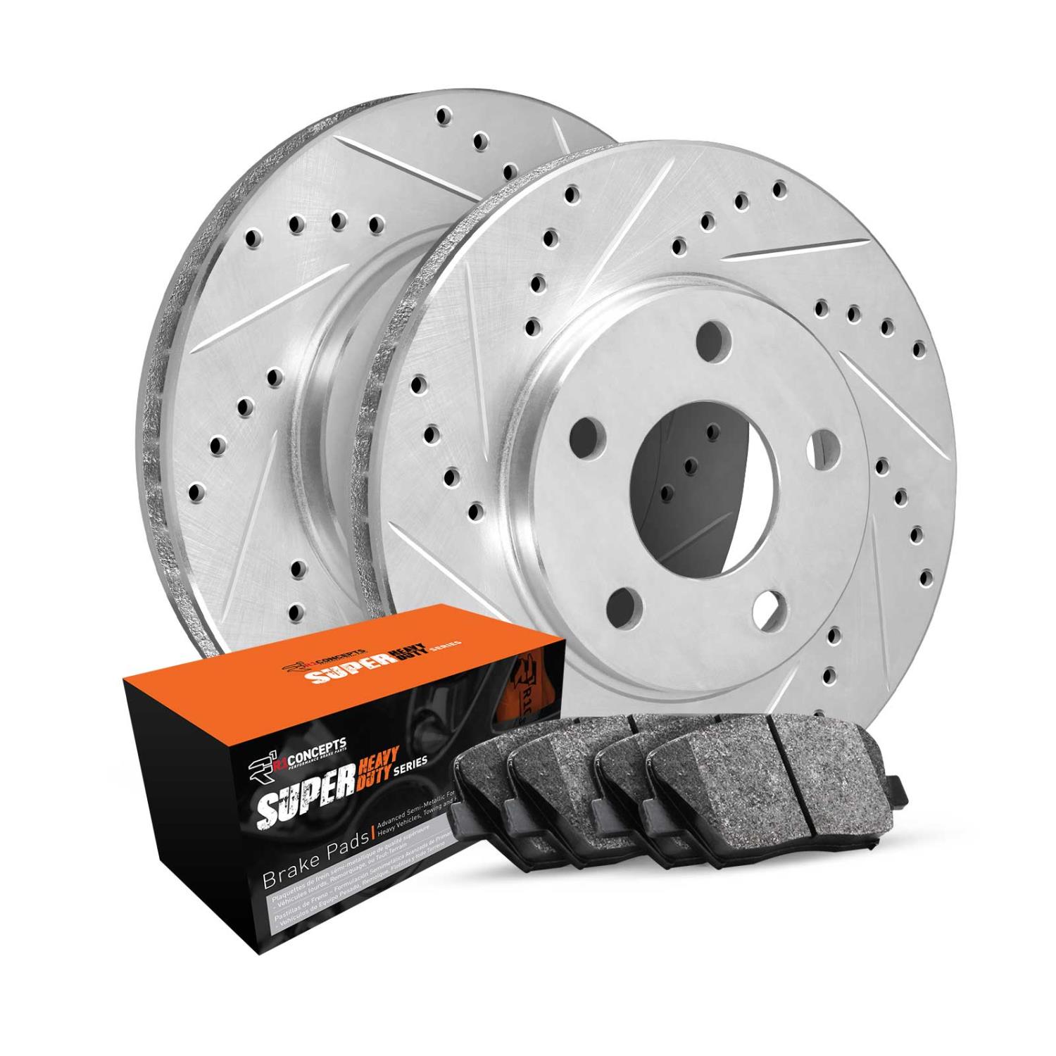 E-Line Drilled & Slotted Silver Brake Rotor Set w/Super-Duty Pads, 1995-2002 Ford/Lincoln/Mercury/Mazda, Position: Rear