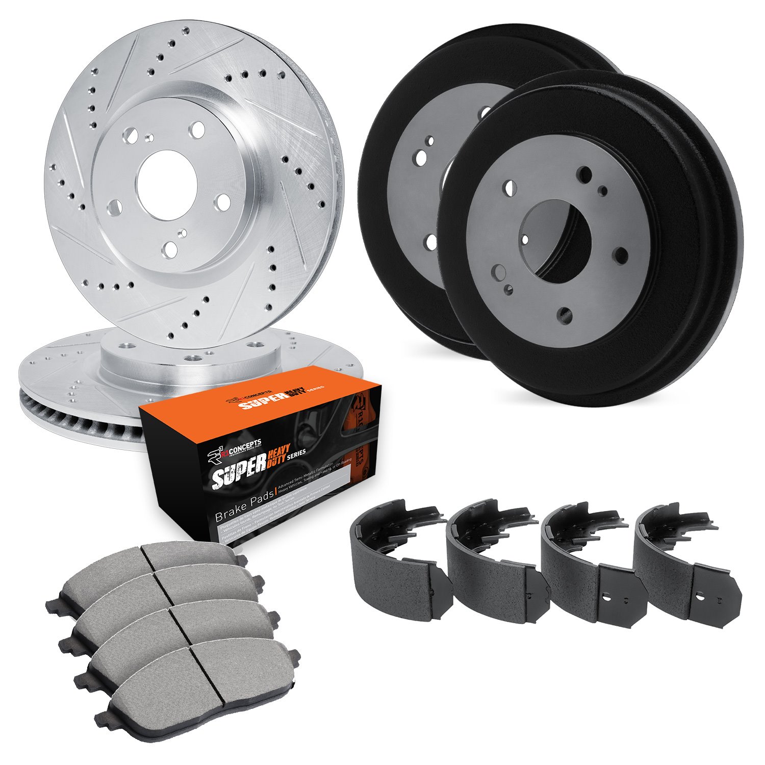 E-Line Drilled & Slotted Silver Brake Rotor & Drum Set w/Super-Duty Pads & Shoes, 1994-1995 Ford/Lincoln/Mercury/Mazda