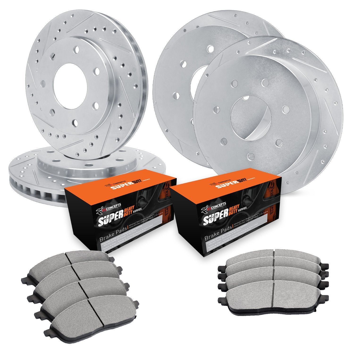 E-Line Drilled & Slotted Silver Brake Rotor Set w/Super-Duty Pads, 1997-2002 Ford/Lincoln/Mercury/Mazda, Position: Front & Rear