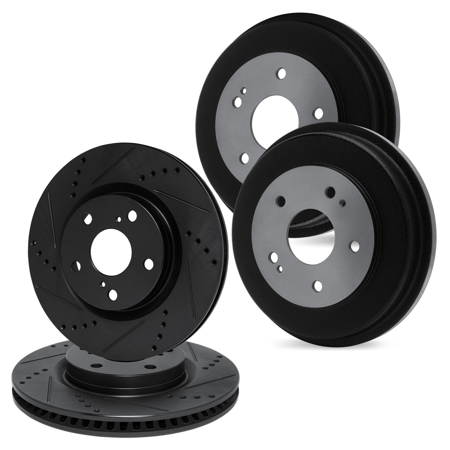 E-Line Drilled & Slotted Black Brake Rotor & Drum Set, 1994-1995 Ford/Lincoln/Mercury/Mazda, Position: Front & Rear