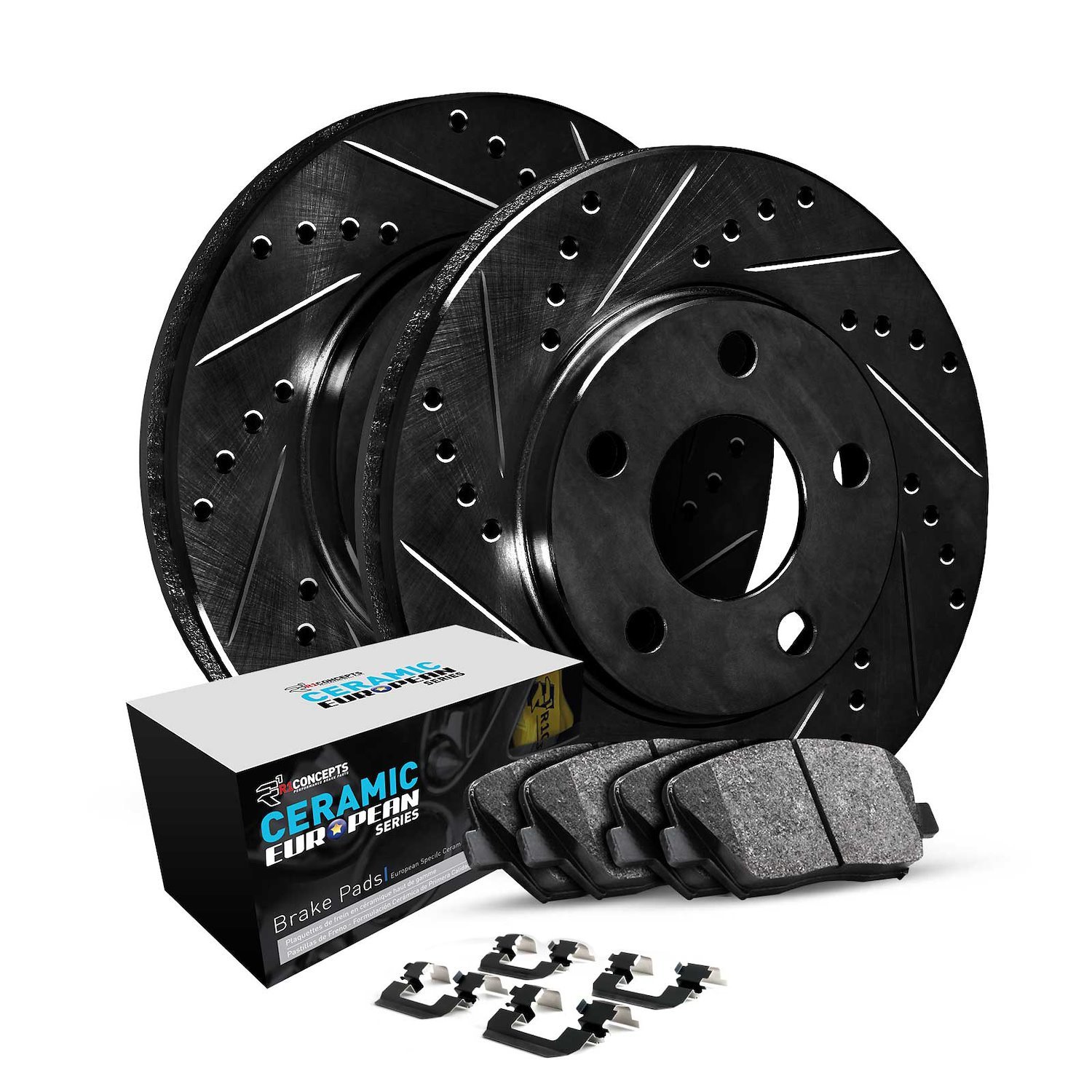 E-Line Drilled & Slotted Black Brake Rotor Set w/Euro Ceramic Pads & Hardware, 1997-2004 Audi/Porsche/Volkswagen