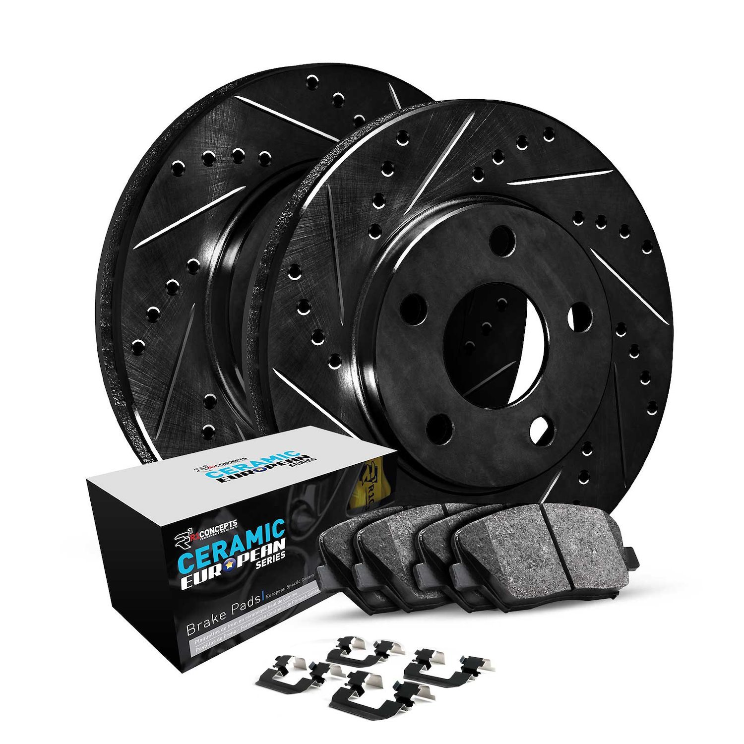 E-Line Drilled & Slotted Black Brake Rotor Set w/Euro Ceramic Pads & Hardware, 1994-2004 Land Rover, Position: Rear