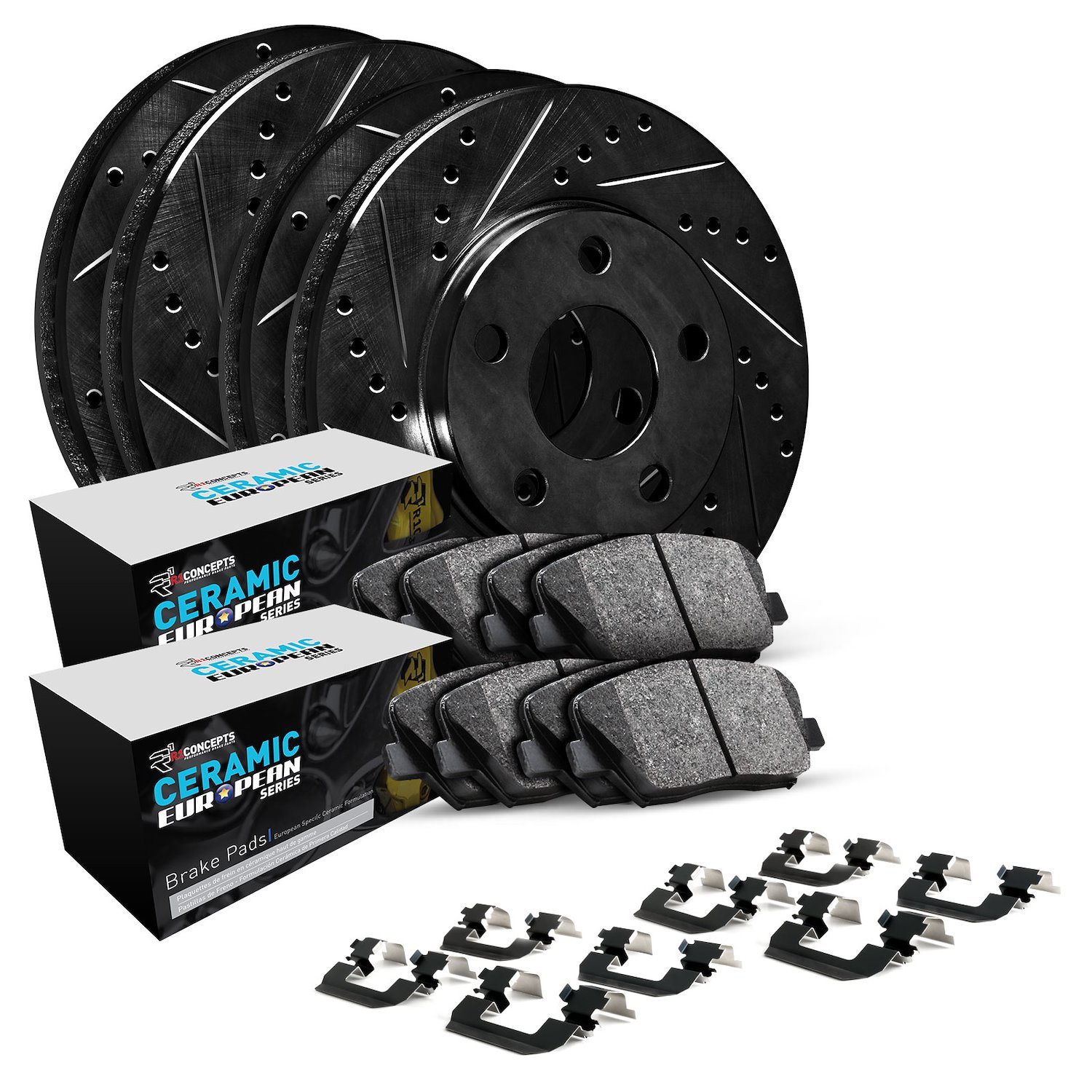 E-Line Drilled & Slotted Black Brake Rotor Set w/Euro Ceramic Pads & Hardware, 1994-2002 Land Rover, Position: Front & Rear