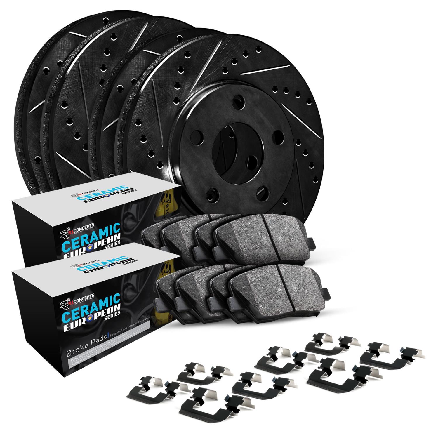 E-Line Drilled & Slotted Black Brake Rotor Set w/Euro Ceramic Pads & Hardware, 1989-1995 BMW, Position: Front & Rear