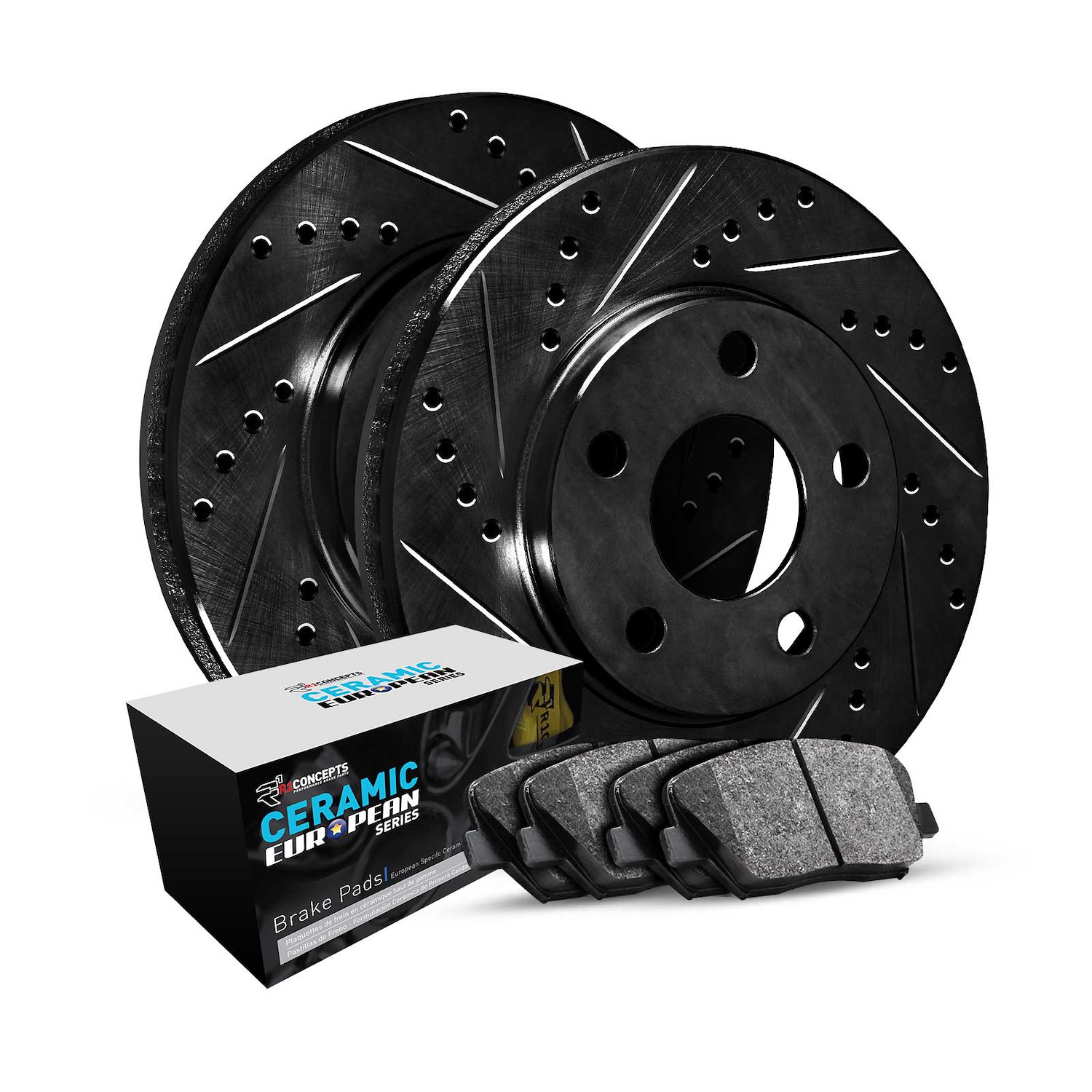 E-Line Drilled & Slotted Black Brake Rotor Set w/Euro Ceramic Pads, 1975-1983 Audi/Porsche/Volkswagen, Position: Front