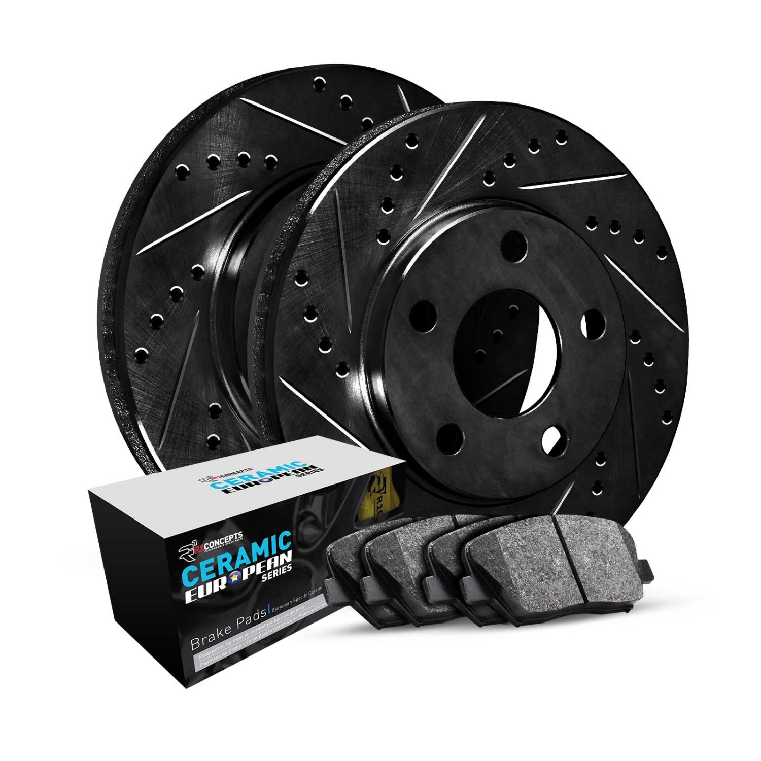 E-Line Drilled & Slotted Black Brake Rotor Set w/Euro Ceramic Pads, 2003-2008 Fits Multiple Makes/Models, Position: Rear