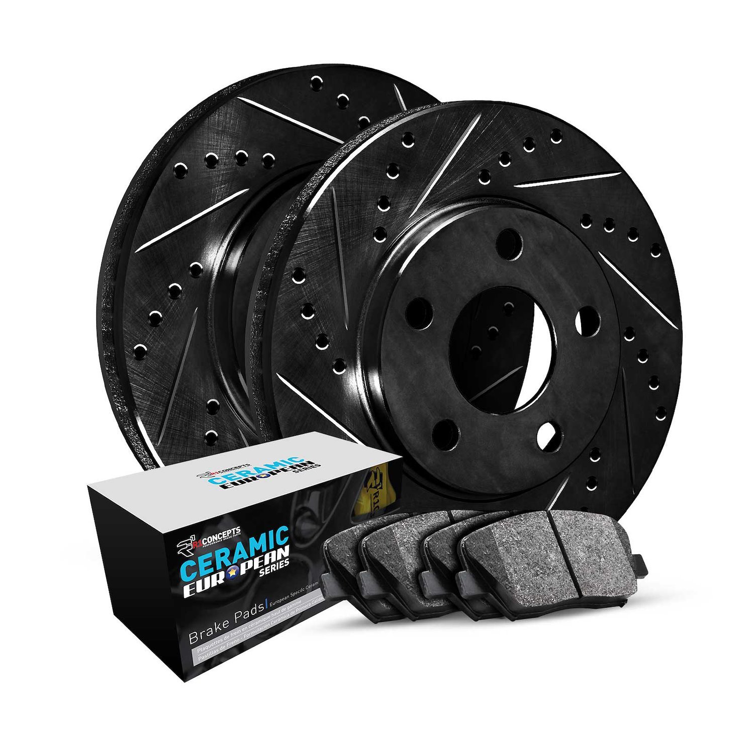 E-Line Drilled & Slotted Black Brake Rotor Set w/Euro Ceramic Pads, 1965-1973 Mercedes-Benz, Position: Front