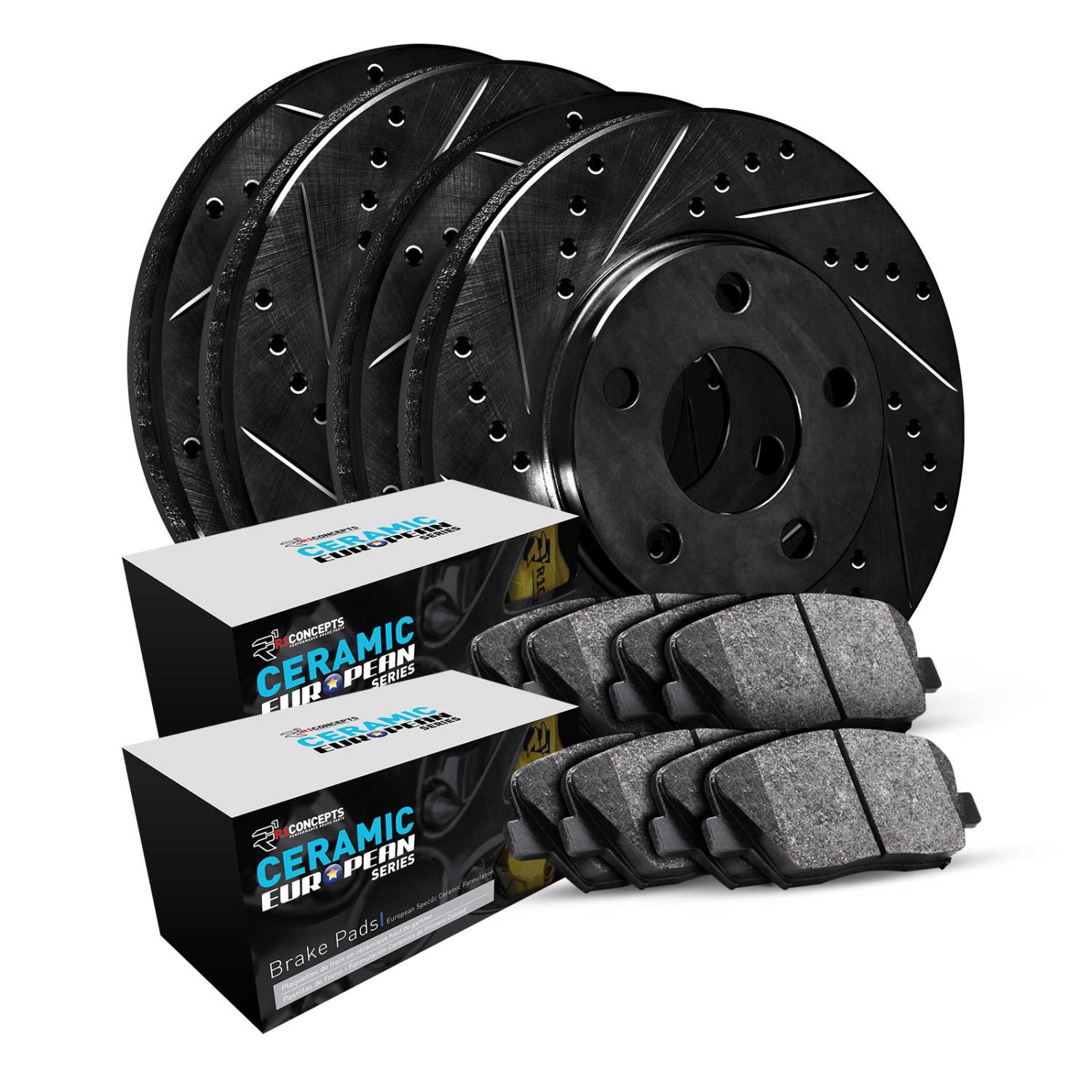 E-Line Drilled & Slotted Black Brake Rotor Set w/Euro Ceramic Pads, 1995-1997 Jaguar, Position: Front & Rear