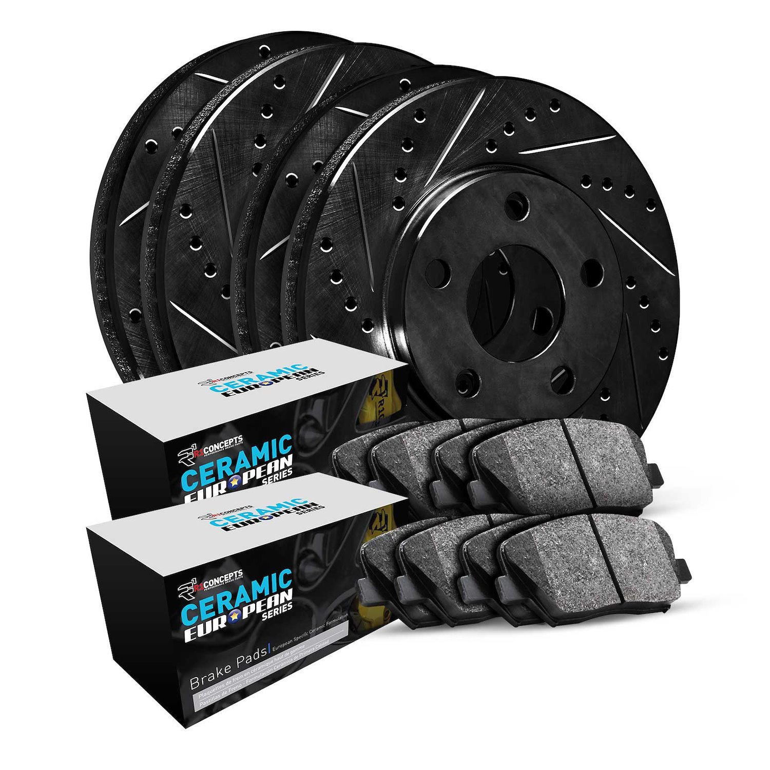 E-Line Drilled & Slotted Black Brake Rotor Set w/Euro Ceramic Pads, 2015-2021 Audi/Porsche/Volkswagen, Position: Front & Rear