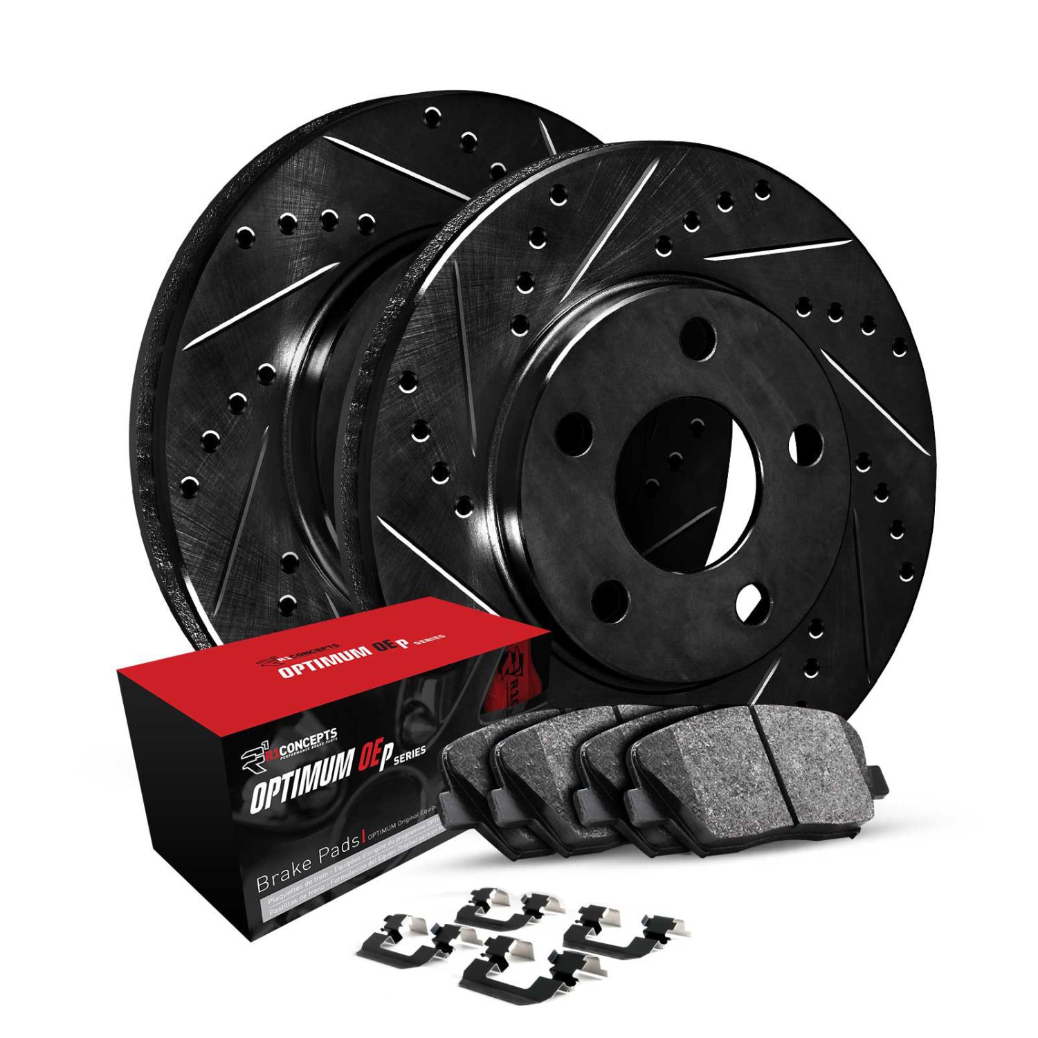 E-Line Drilled & Slotted Black Brake Rotor Set w/Optimum OE Pads & Hardware, 1967-1974 Audi/Porsche/Volkswagen, Position: Front