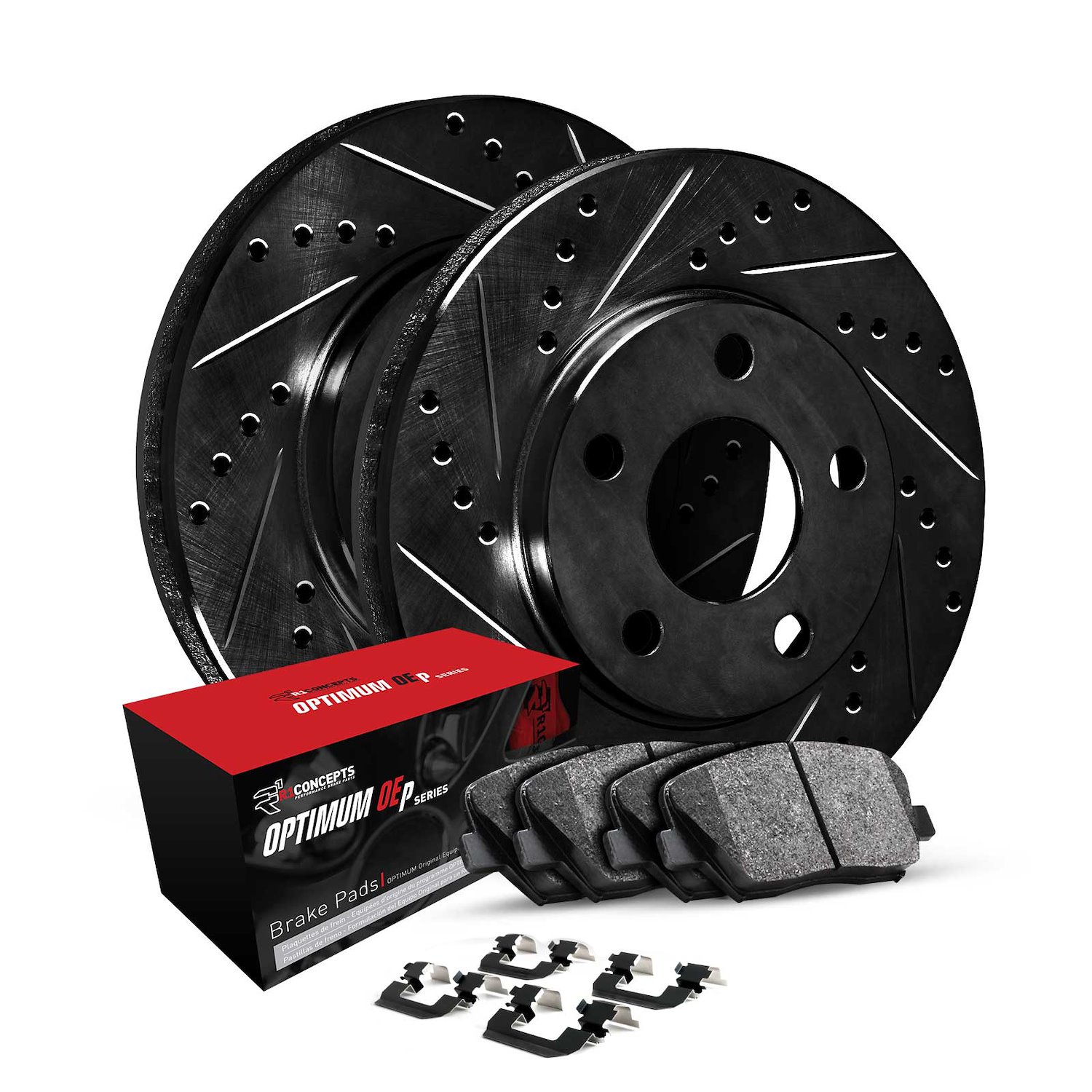 E-Line Drilled & Slotted Black Brake Rotor Set w/Optimum OE Pads & Hardware, Fits Select Tesla, Position: Rear