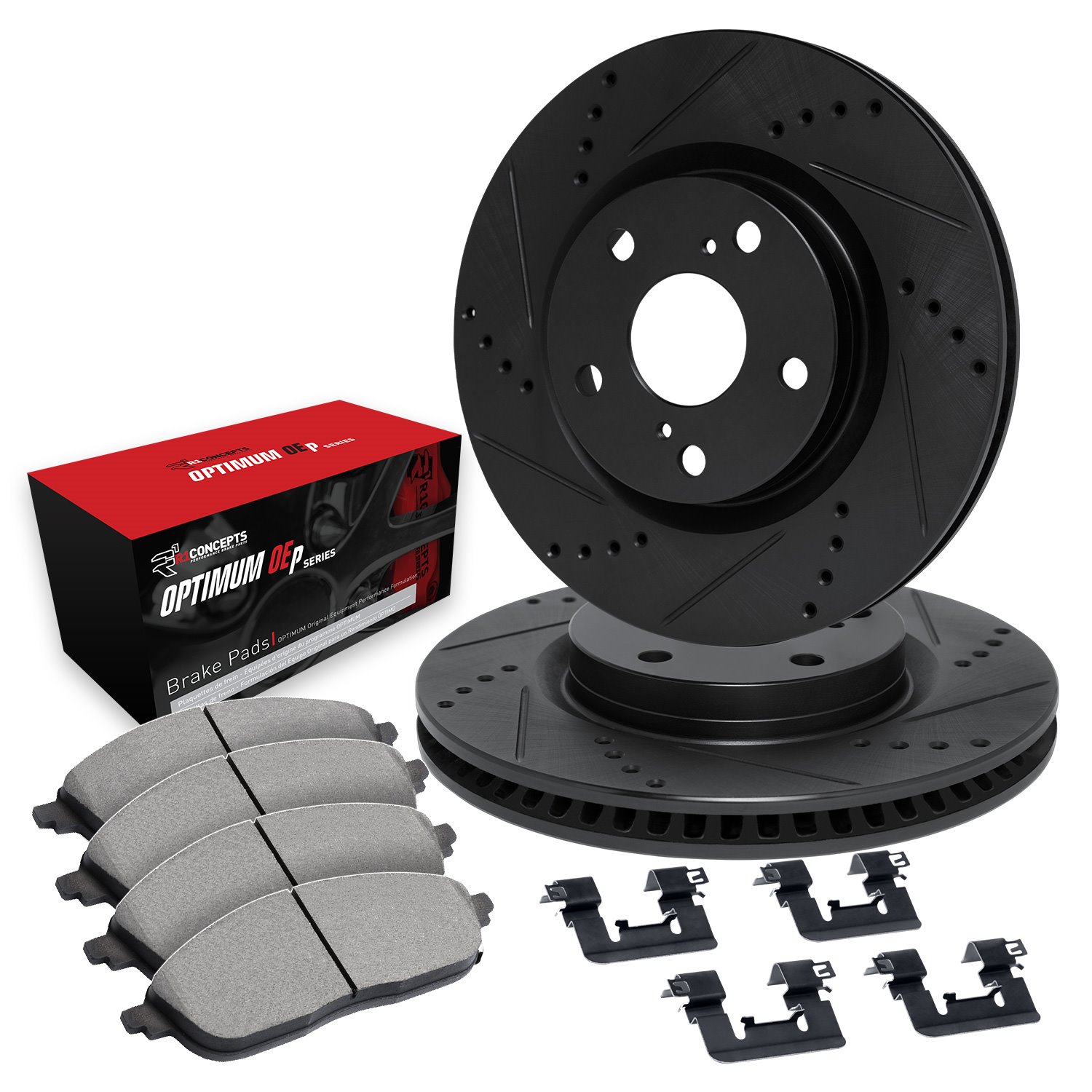 E-Line Drilled & Slotted Black Rotors w/5000 Oep Pads & Hardware Kit, 1999-1999 Mopar, Position: Front