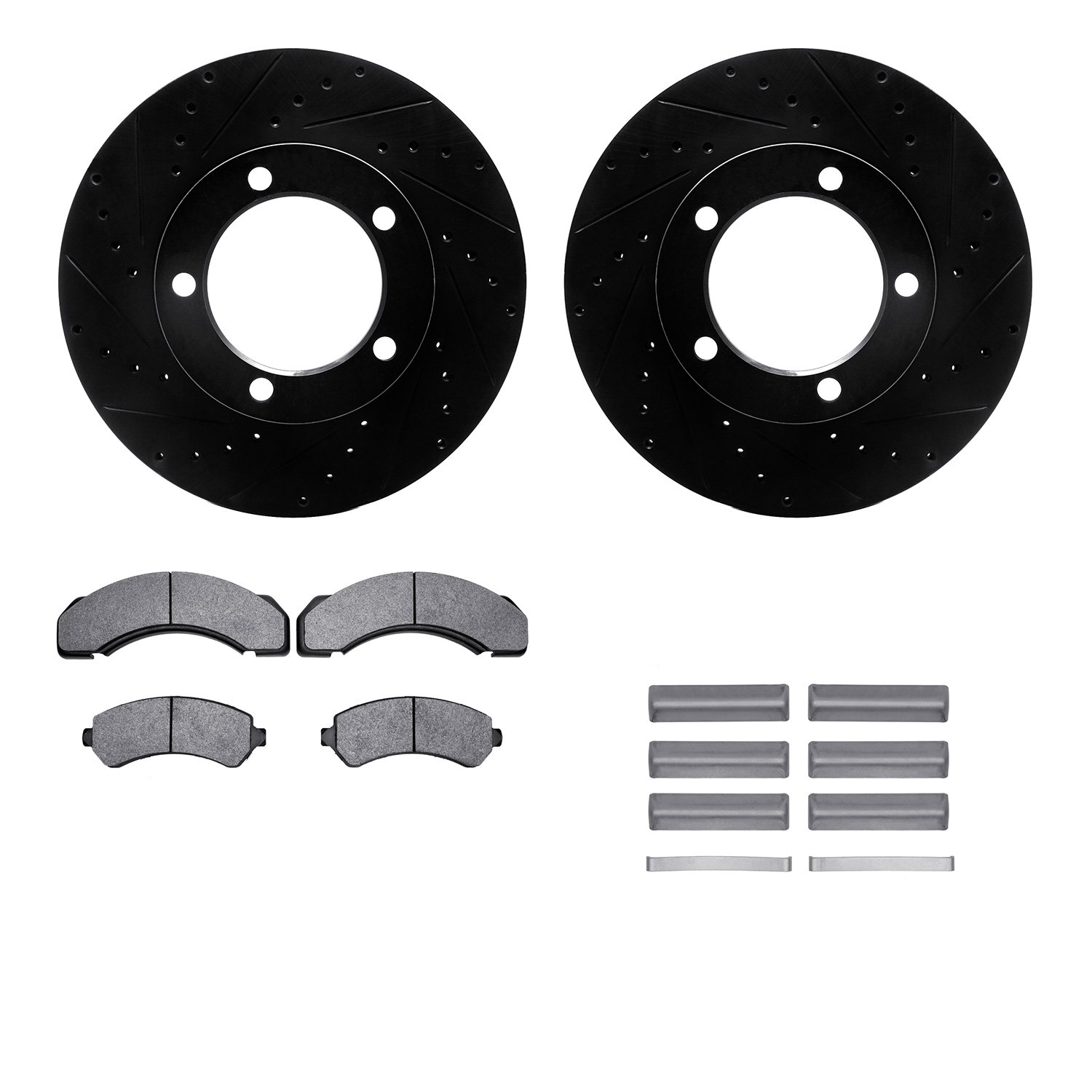 E-Line Drilled & Slotted Black Brake Rotor Set w/Optimum OE Pads & Hardware, 1994-2000 GM, Position: Front