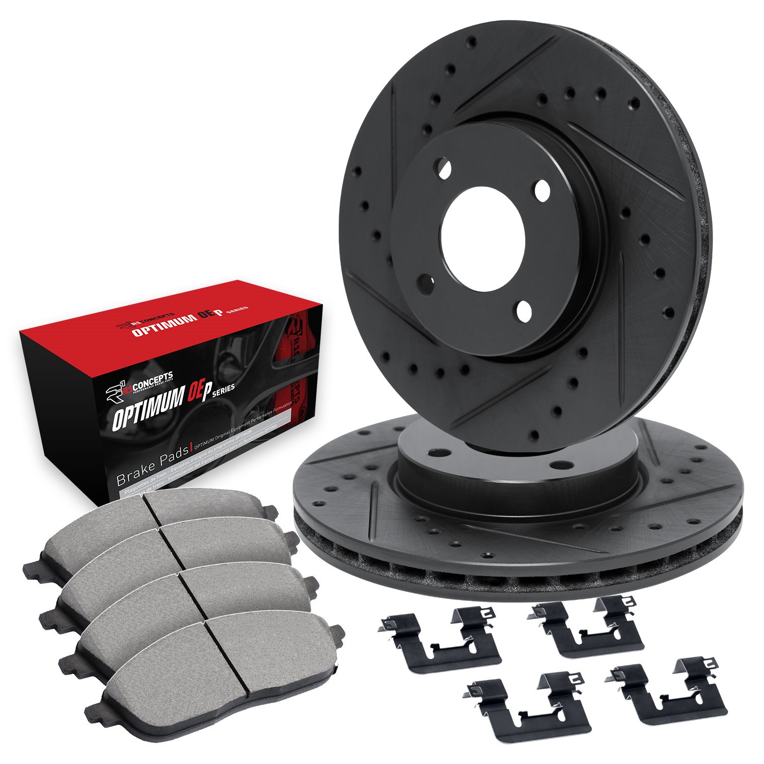 E-Line Drilled & Slotted Black Brake Rotor Set w/Optimum OE Pads & Hardware, 1986-1986 Infiniti/Nissan, Position: Front