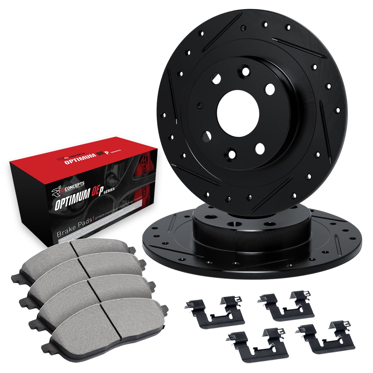 E-Line Drilled & Slotted Black Brake Rotor Set w/Optimum OE Pads & Hardware, 1983-1985 Audi/Porsche/Volkswagen, Position: Front