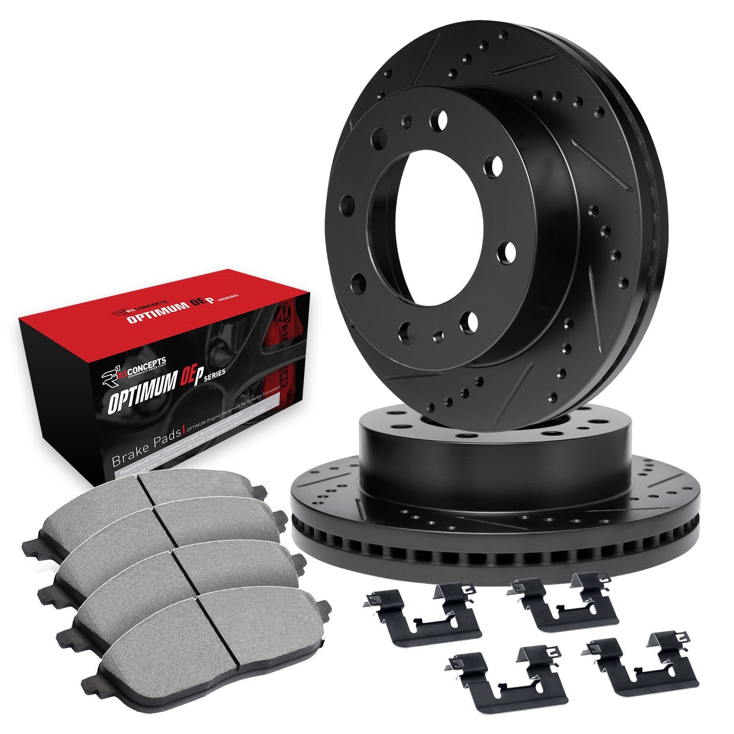 E-Line Drilled & Slotted Black Brake Rotor Set w/Optimum OE Pads & Hardware, 1999-1999 Ford/Lincoln/Mercury/Mazda