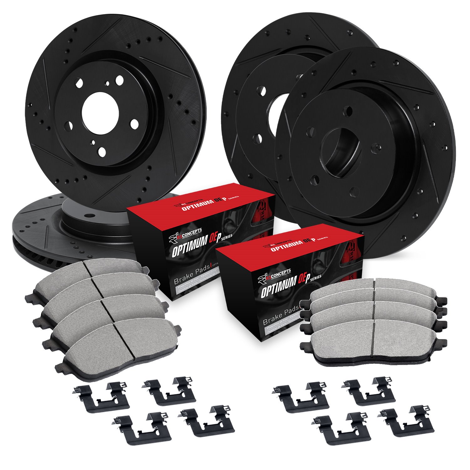 E-Line Drilled & Slotted Black Rotors w/5000 Oep Pads & Hardware Kit, 1993-1993 Mopar, Position: Front & Rear