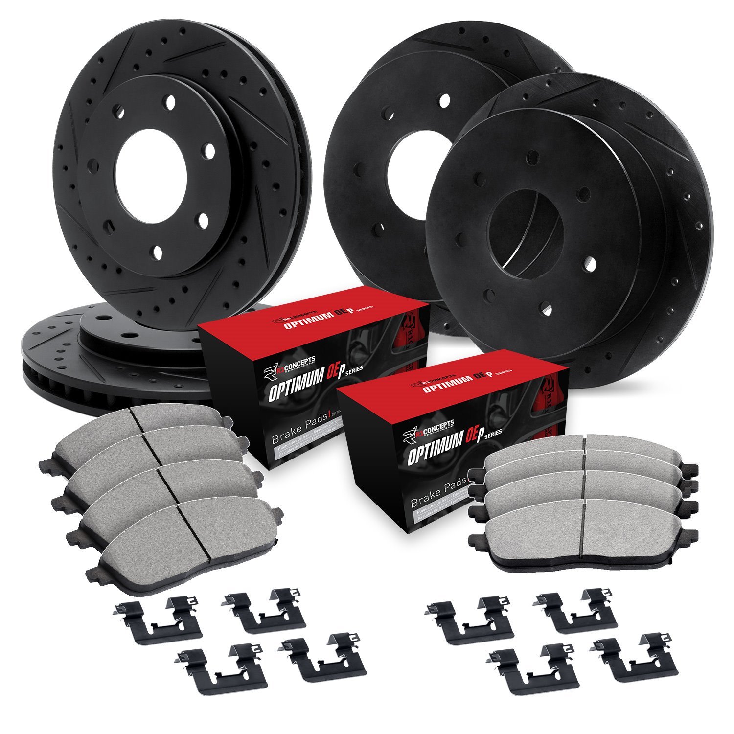 E-Line Drilled & Slotted Black Brake Rotor Set w/Optimum OE Pads & Hardware, 1997-2002 Ford/Lincoln/Mercury/Mazda