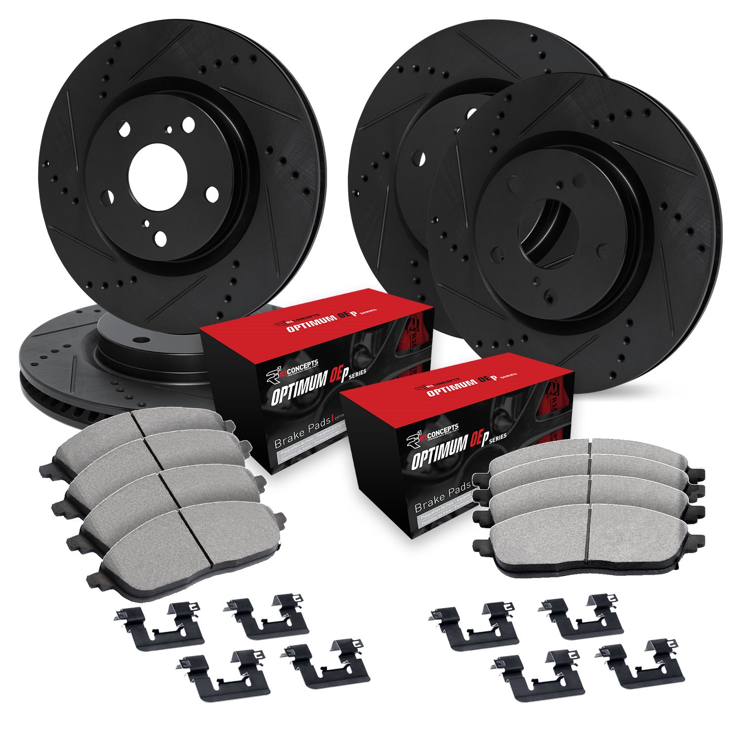 E-Line Drilled & Slotted Black Brake Rotor Set w/Optimum OE Pads & Hardware, 2020-2020 Audi/Porsche/Volkswagen