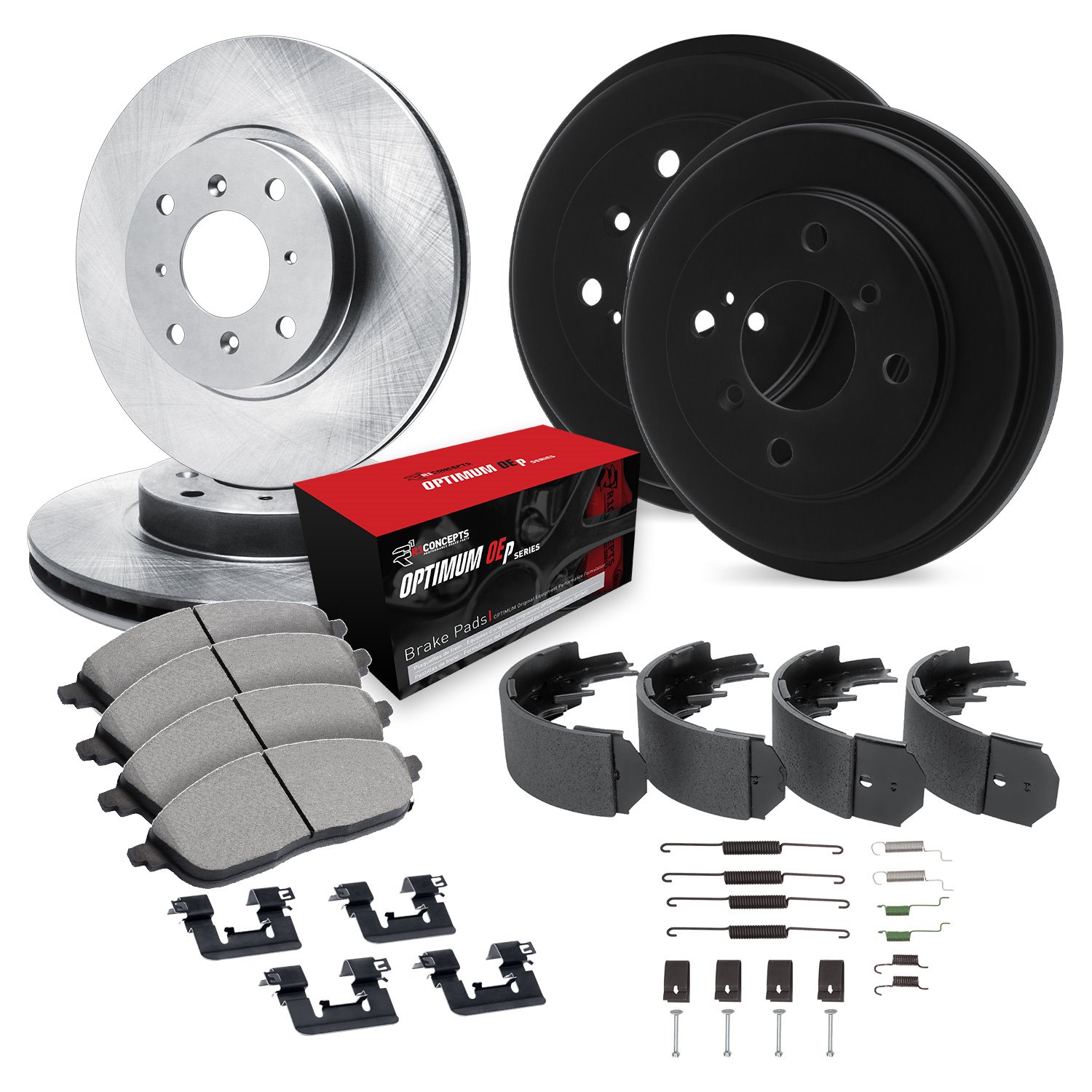 E-Line Drilled & Slotted Black Brake Rotor & Drum Set w/Optimum OE Pads, Shoes, & Hardware, 1982-1983 Audi/Porsche/Volkswagen