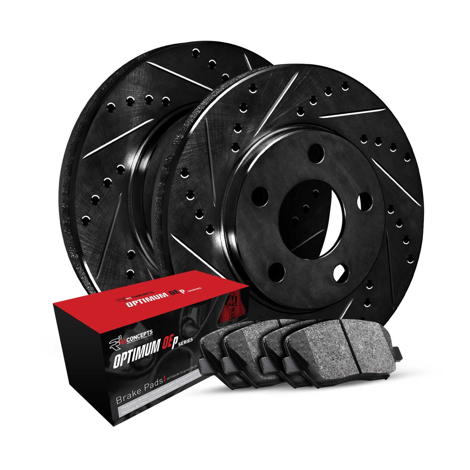 E-Line Drilled & Slotted Black Brake Rotor Set w/Optimum OE Pads, 2004-2010 GM, Position: Front