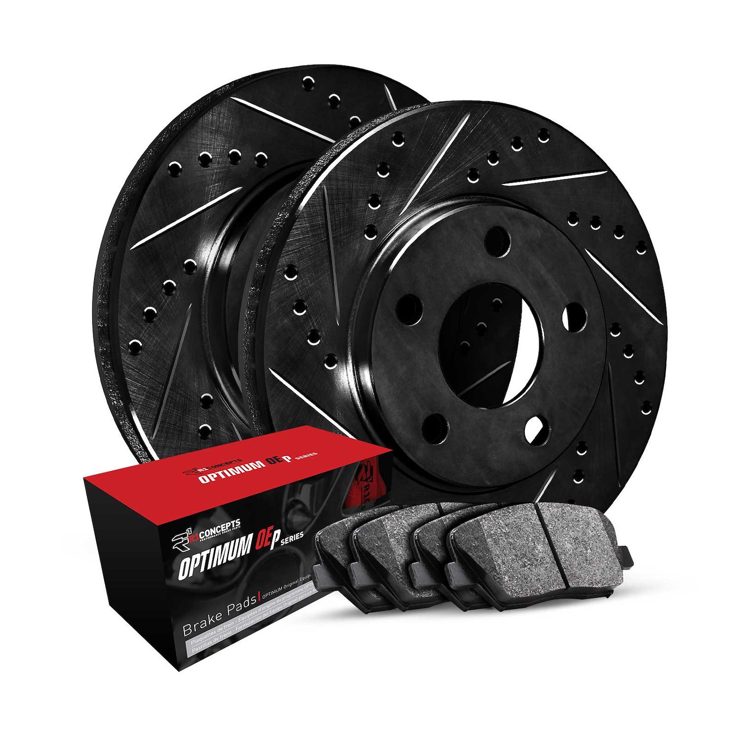 E-Line Drilled & Slotted Black Brake Rotor Set w/Optimum OE Pads, 2009-2010 Ford/Lincoln/Mercury/Mazda, Position: Rear