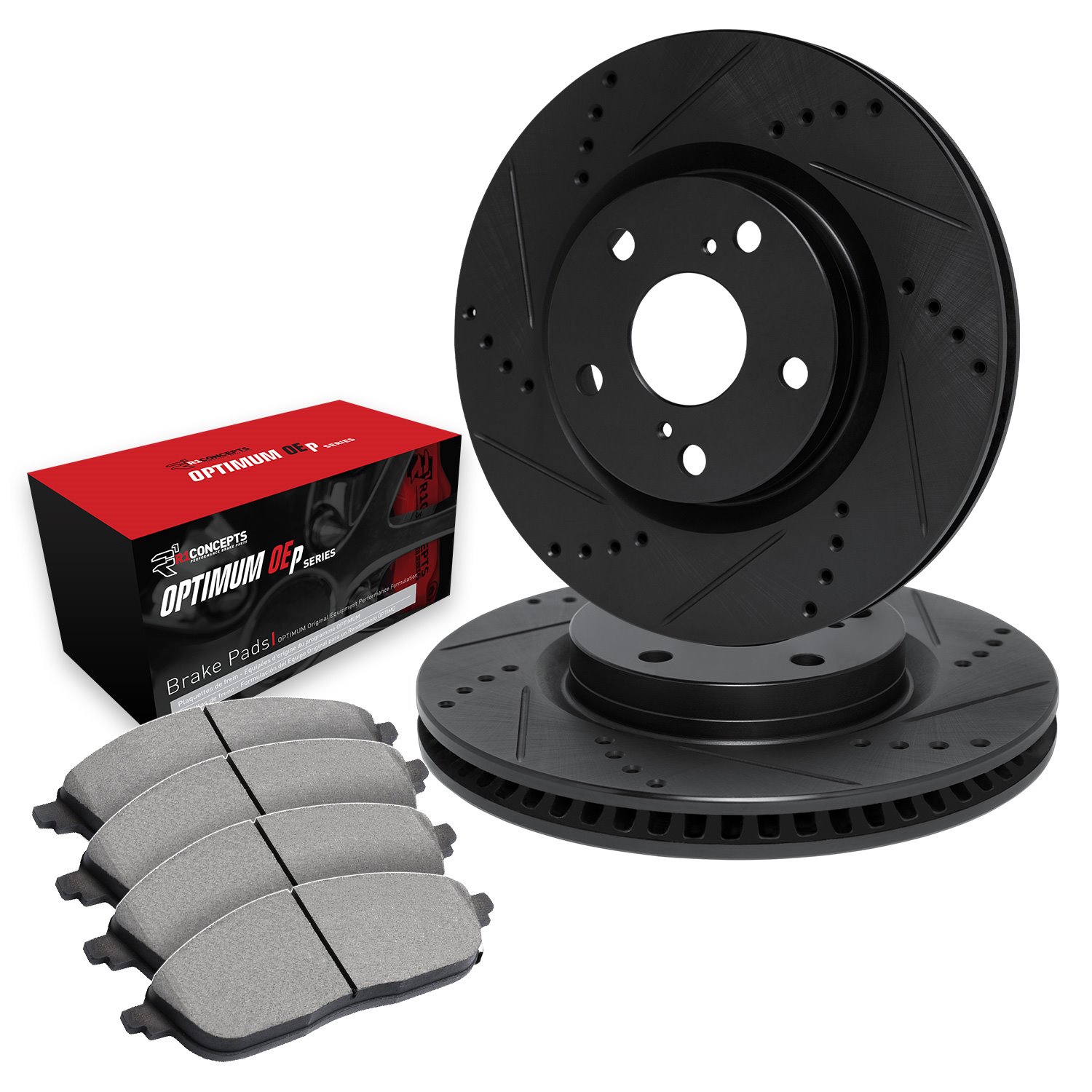 E-Line Drilled & Slotted Black Brake Rotor Set w/Optimum OE Pads, 1999-1999 Mopar, Position: Front