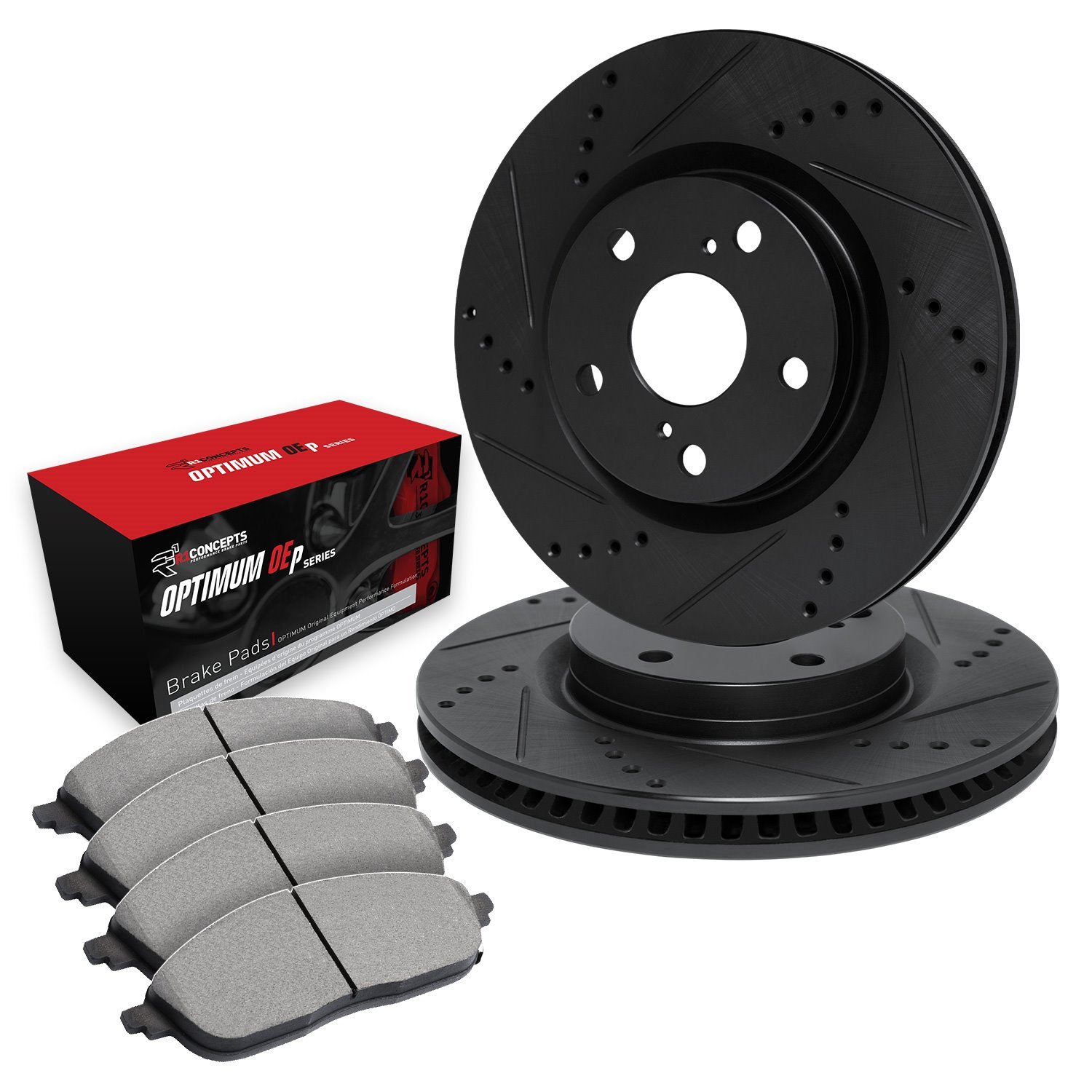 E-Line Drilled & Slotted Black Brake Rotor Set w/Optimum OE Pads, 1990-1991 Ford/Lincoln/Mercury/Mazda, Position: Front