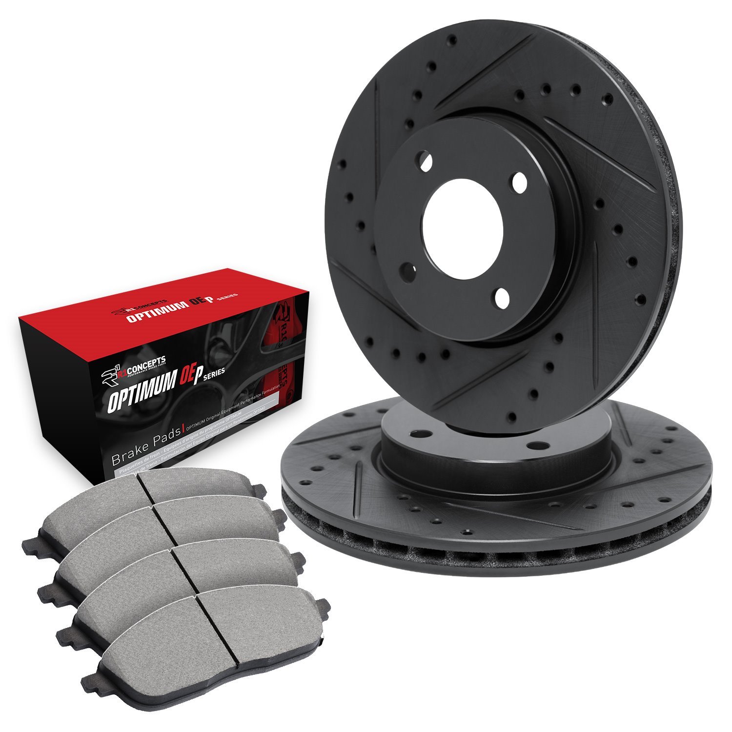 E-Line Drilled & Slotted Black Brake Rotor Set w/Optimum OE Pads, 1984-1985 Infiniti/Nissan, Position: Front