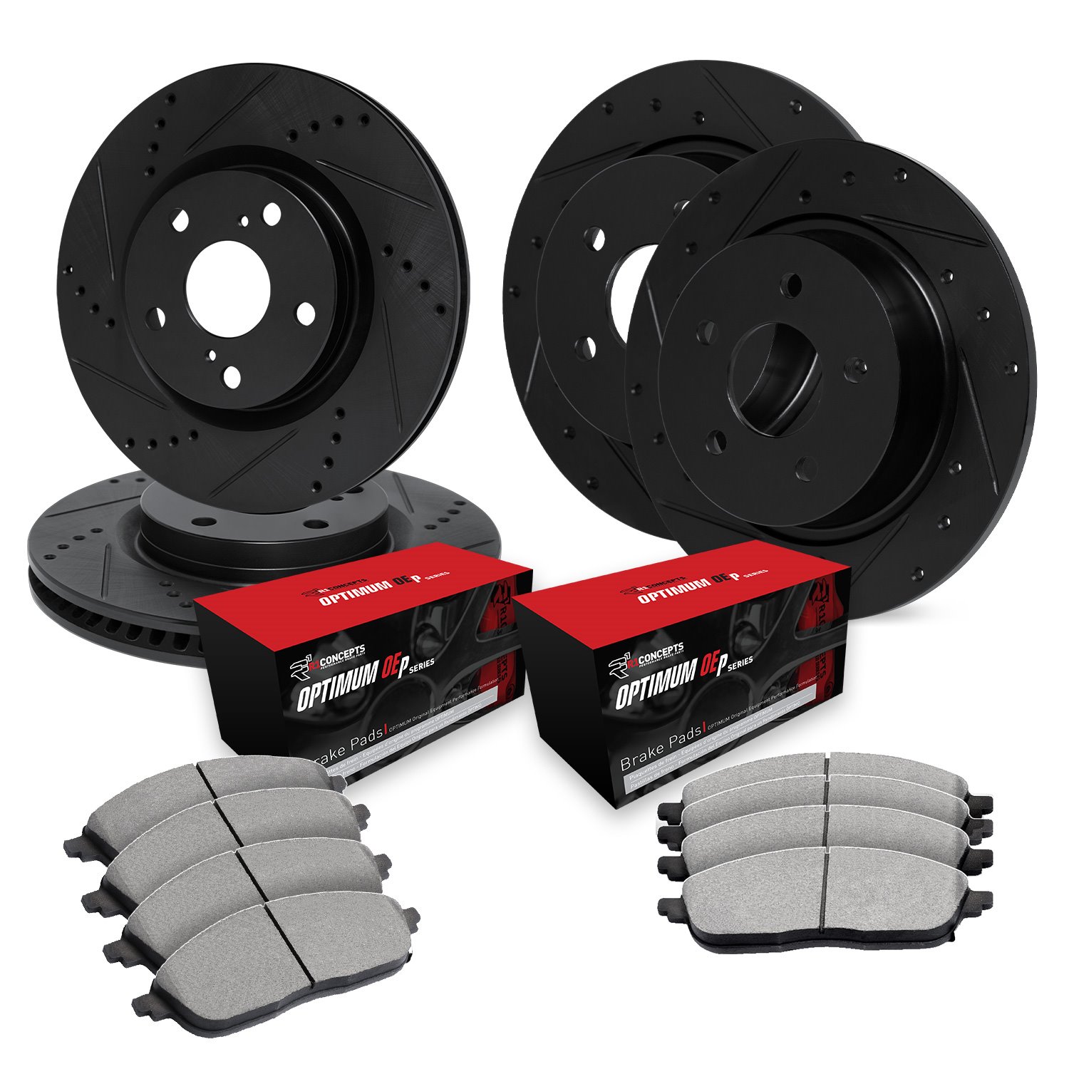 E-Line Drilled & Slotted Black Brake Rotor Set w/Optimum OE Pads, 1993-1993 Mopar, Position: Front & Rear