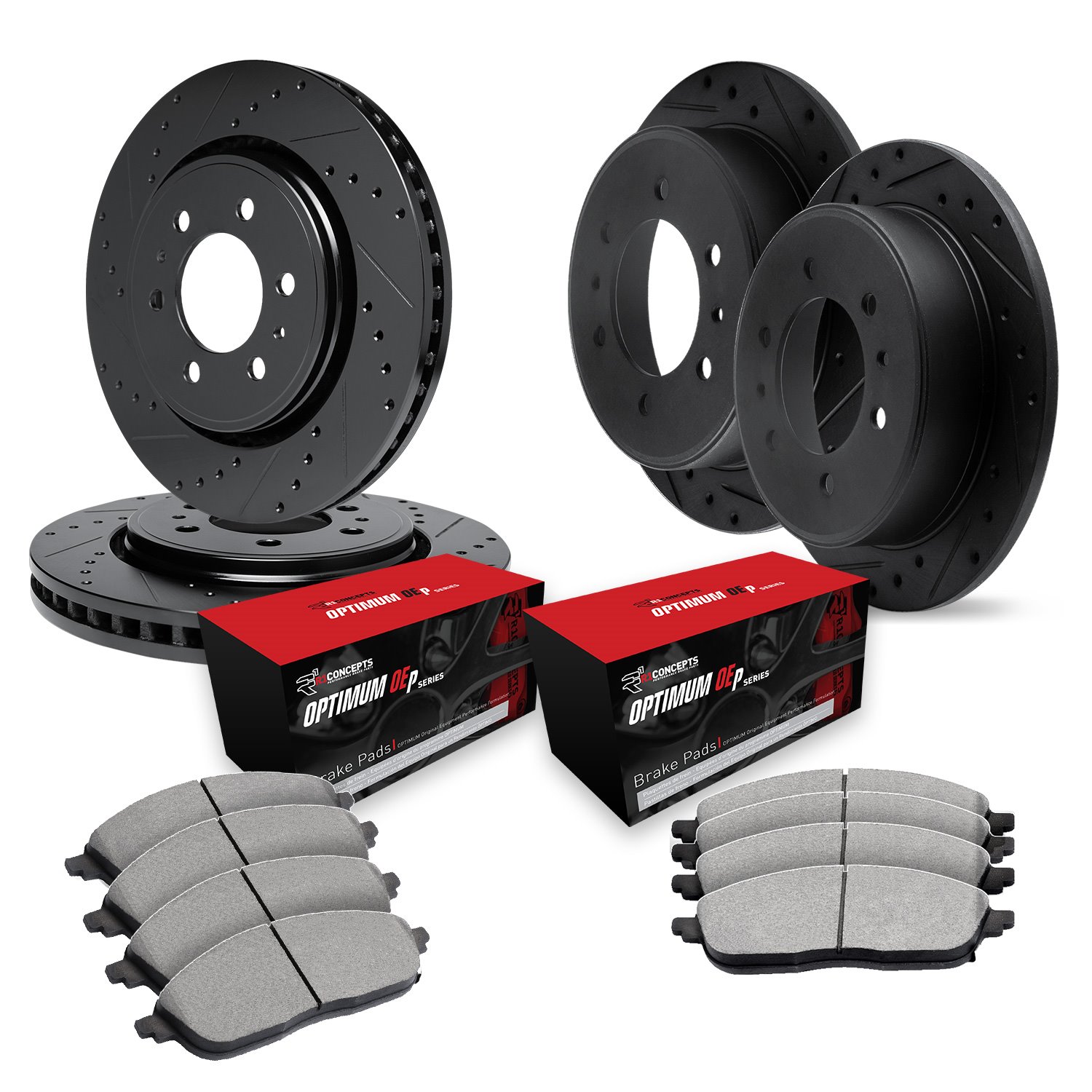 E-Line Drilled & Slotted Black Brake Rotor Set w/Optimum OE Pads, 1998-2000 Mitsubishi, Position: Front & Rear