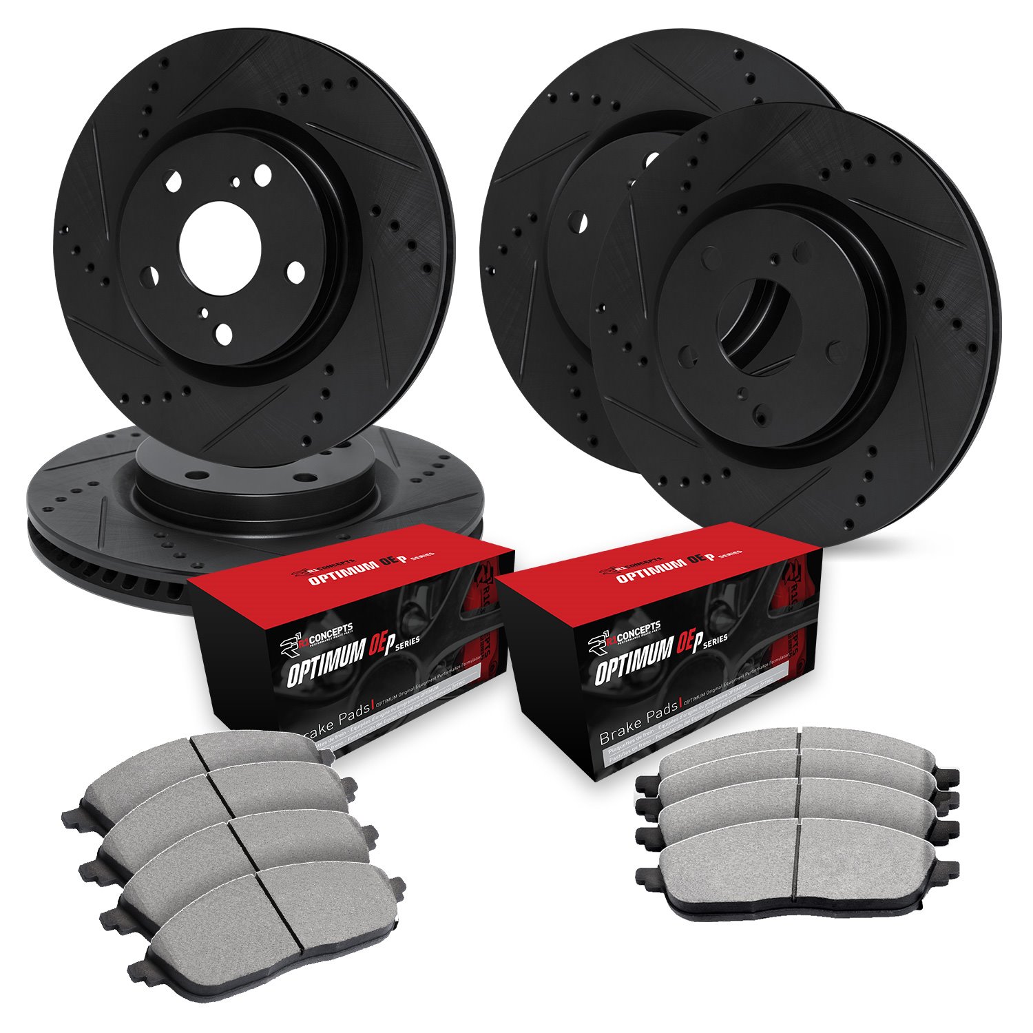 E-Line Drilled & Slotted Black Brake Rotor Set w/Optimum OE Pads, Fits Select Audi/Porsche/Volkswagen, Position: Front & Rear