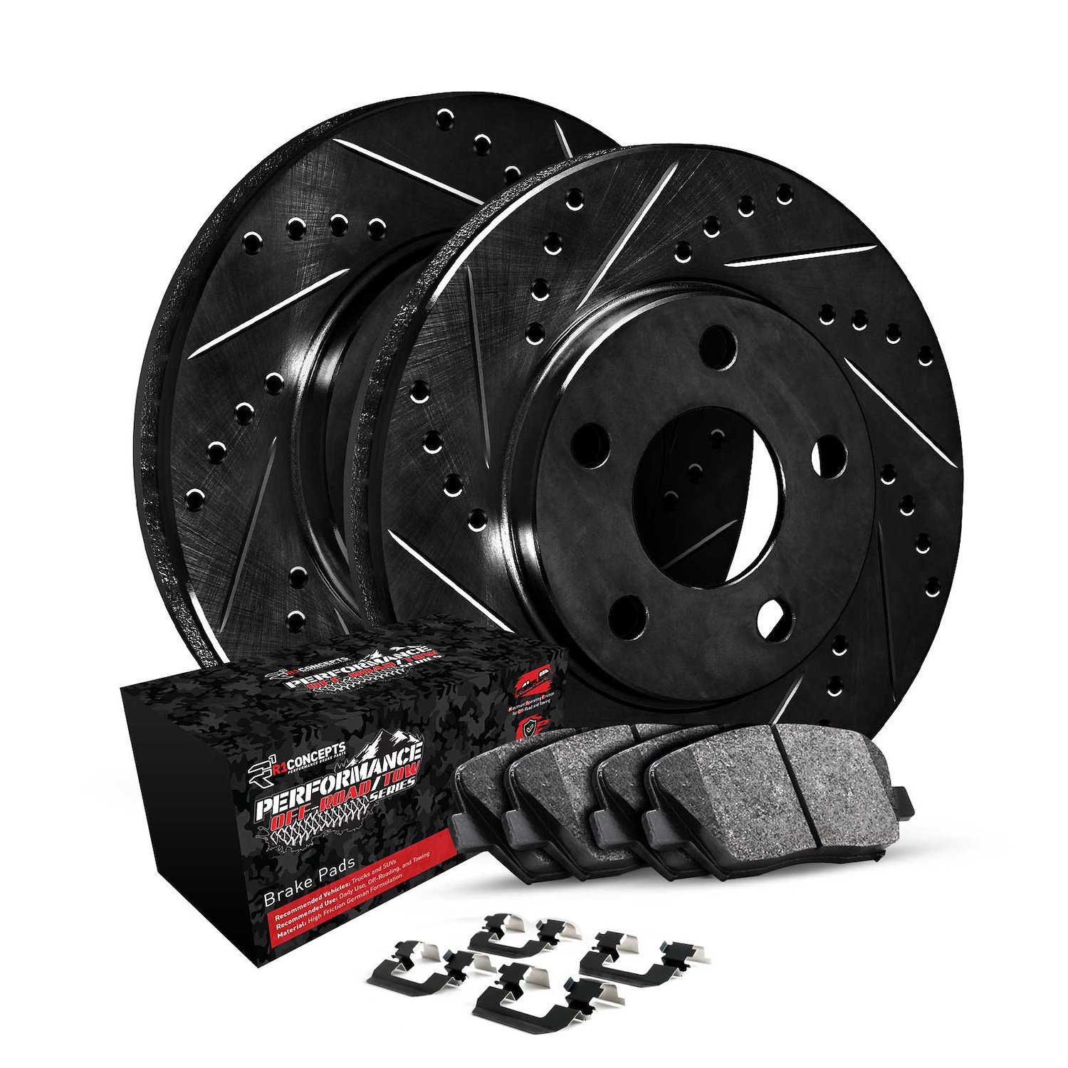 E-Line Drilled/Slotted Black Rotors w/Performance Off-Road/Tow Pads & Hardware, 1988-1994 GM, Position: Front