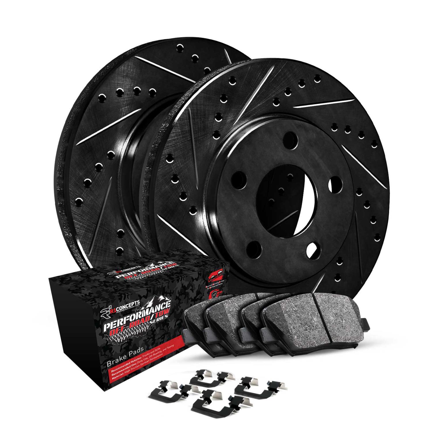 E-Line Drilled/Slotted Black Rotors w/Performance Off-Road/Tow Pads & Hardware, 1999-2020 GM, Position: Front