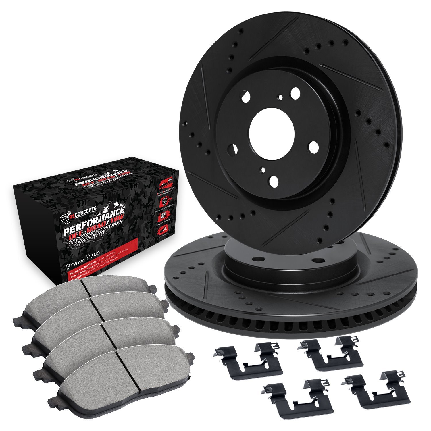 E-Line Drilled/Slotted Black Rotors w/Performance Off-Road/Tow Pads & Hardware, 1994-1995 Ford/Lincoln/Mercury/Mazda