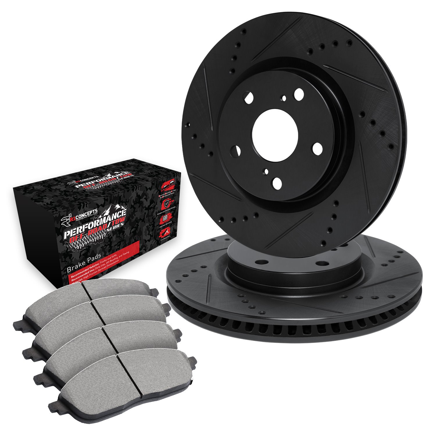 E-Line Drilled & Slotted Black Brake Rotor Set w/Performance Off-Road/Tow Pads, 2012-2020 Tesla, Position: Rear